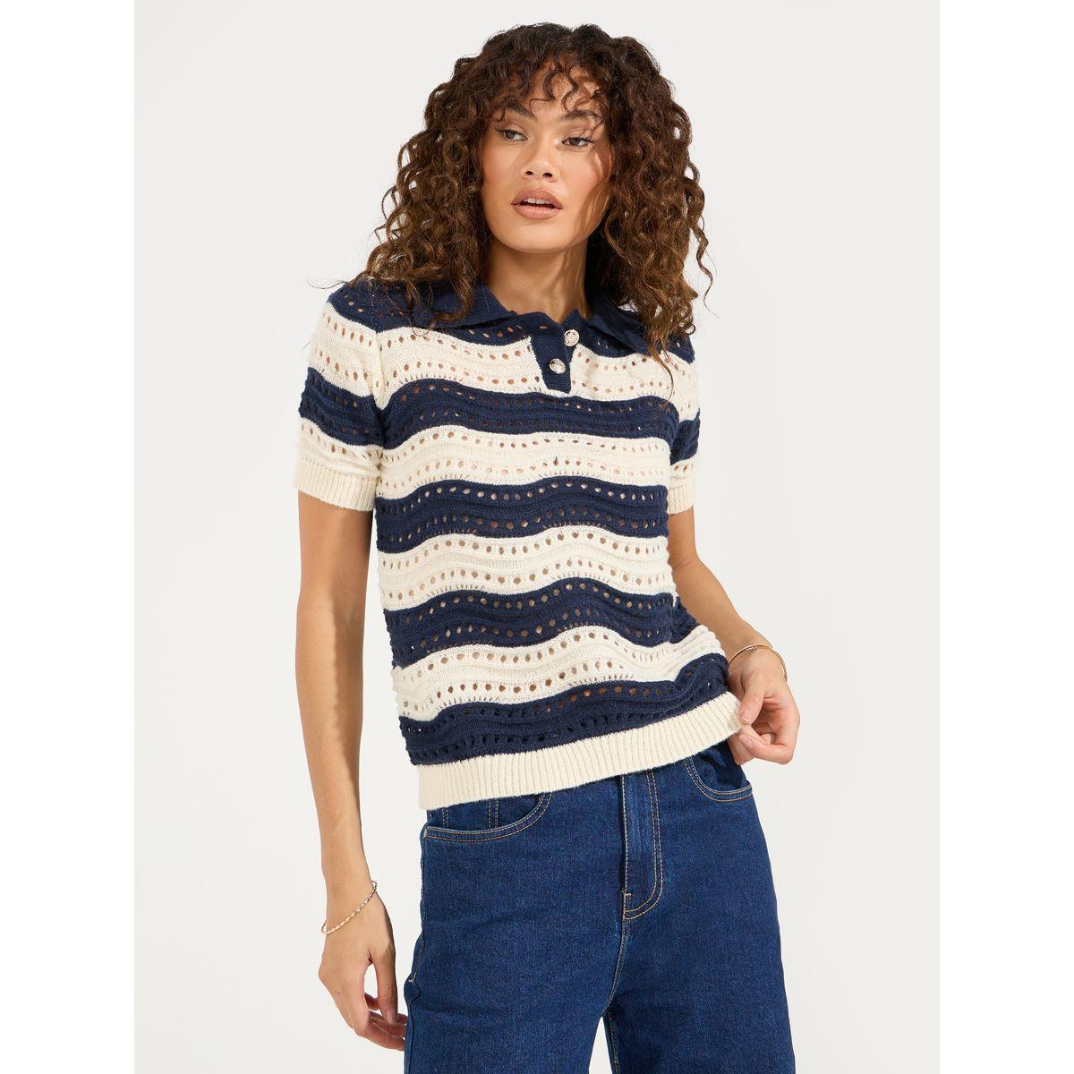 Styli Hollow Knit Wavy Stripe Pattern Polo T-Shirt-women-clothing-tshirts-image-1