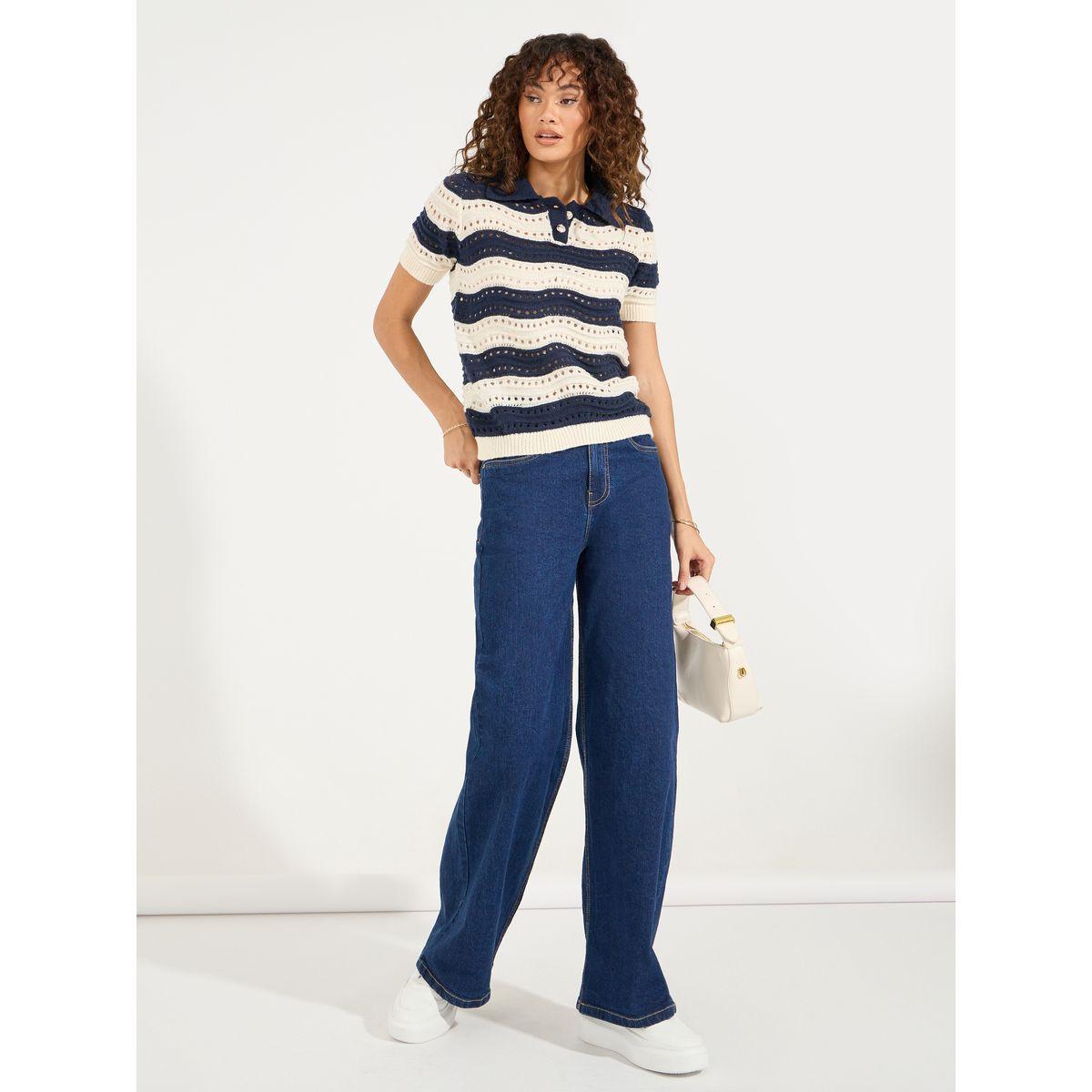 Styli Hollow Knit Wavy Stripe Pattern Polo T-Shirt-women-clothing-tshirts-image-2