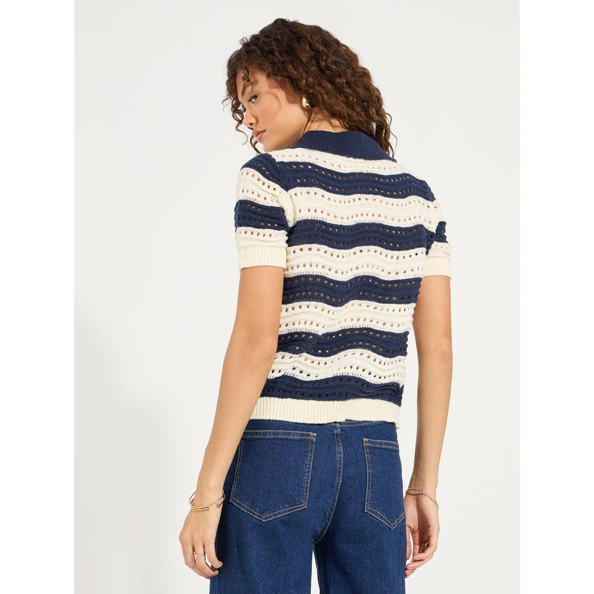 Styli Hollow Knit Wavy Stripe Pattern Polo T-Shirt-women-clothing-tshirts-image-4