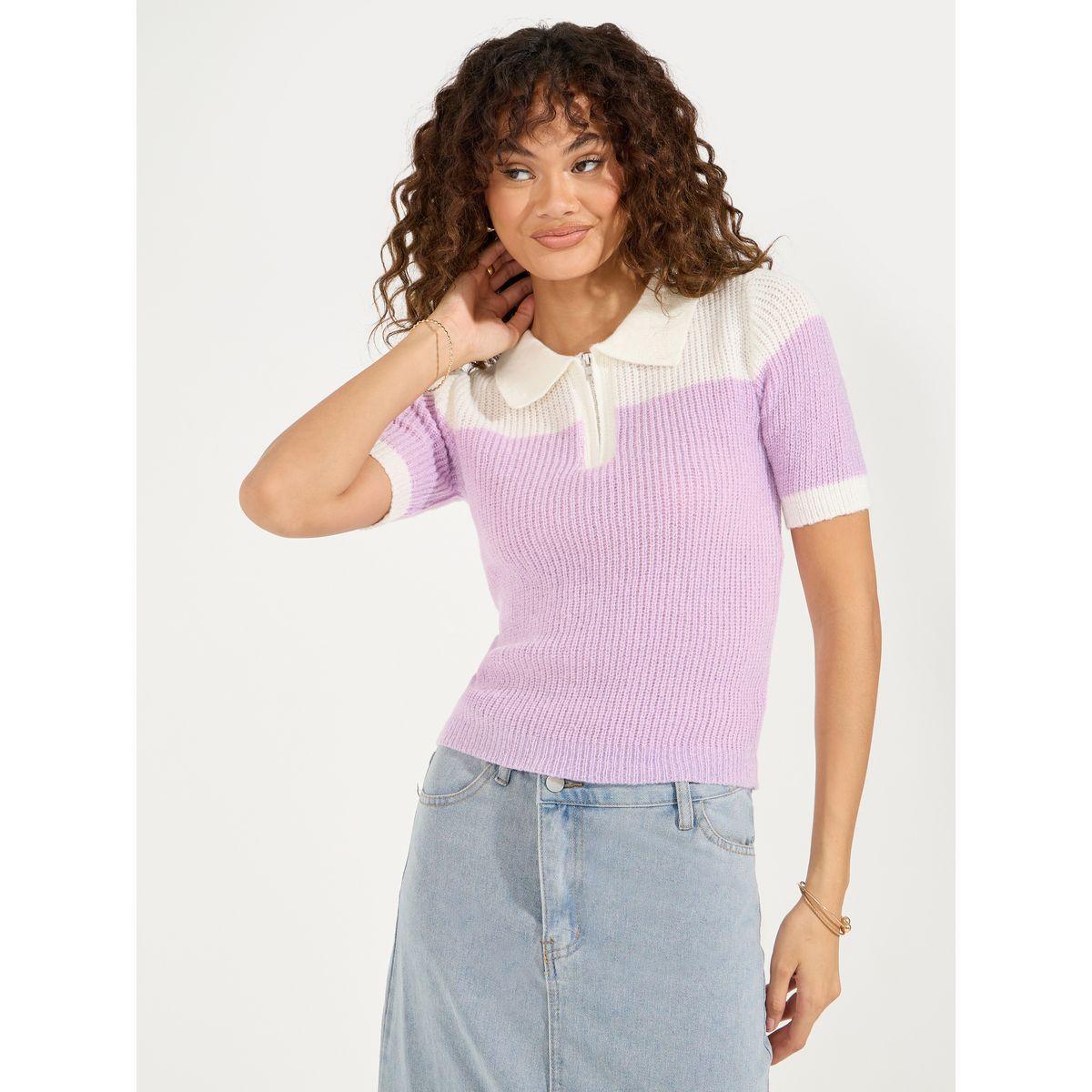 تيشيرت بياقة بولو ونمط كتل الالوان-women-clothing-tshirts-image-2