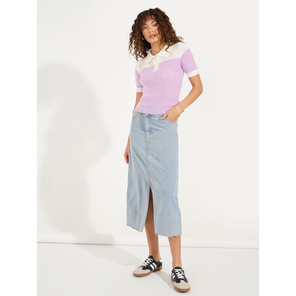 تيشيرت بياقة بولو ونمط كتل الالوان-women-clothing-tshirts-image-3