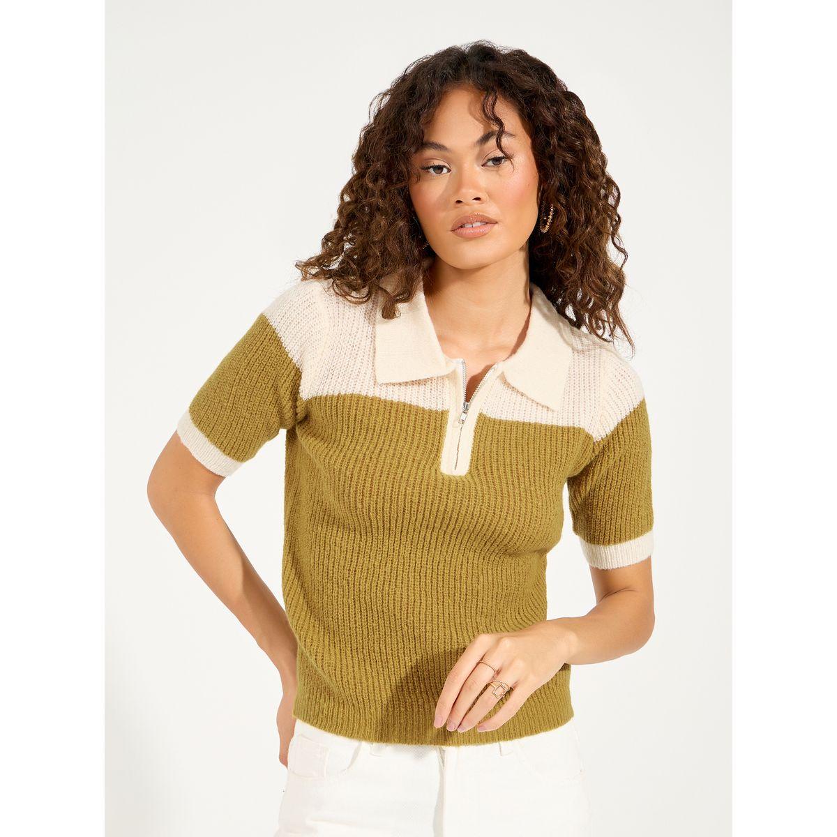 Styli Color Block Half Zip Knit Polo T-Shirt-women-clothing-tshirts-image-1
