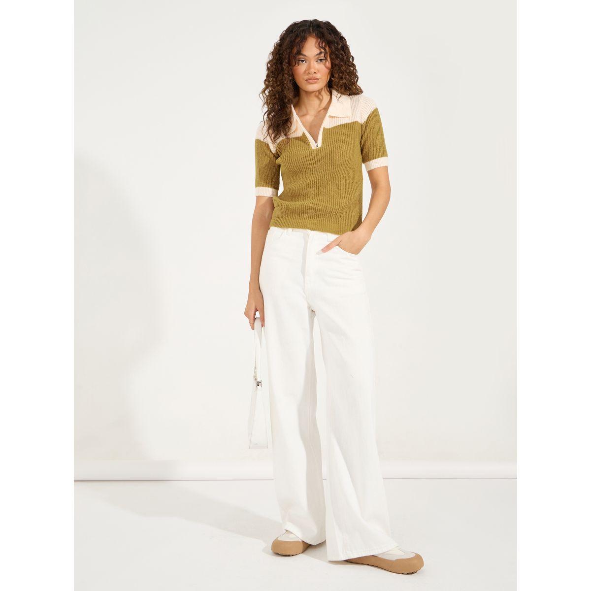 Styli Color Block Half Zip Knit Polo T-Shirt-women-clothing-tshirts-image-2
