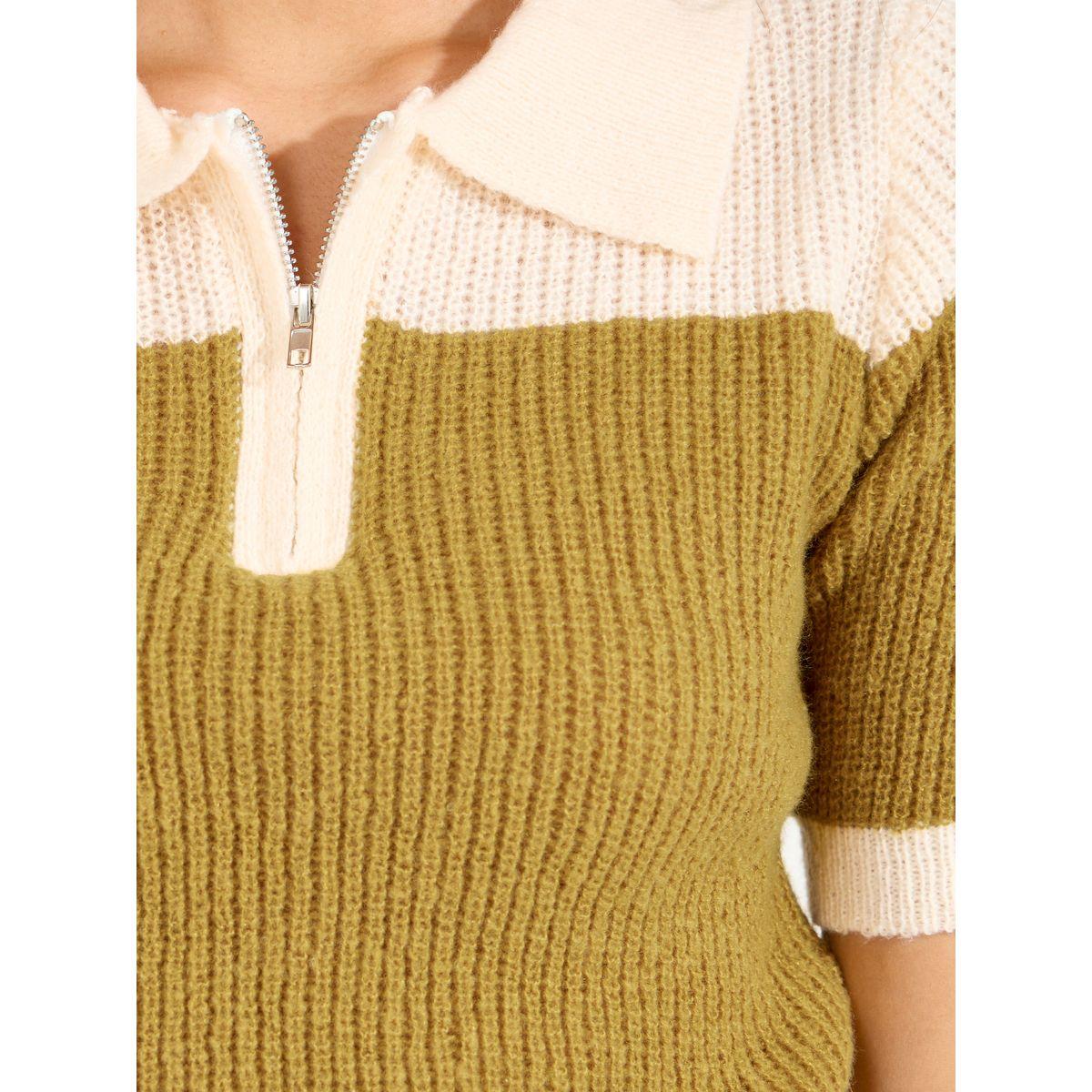 Styli Color Block Half Zip Knit Polo T-Shirt-women-clothing-tshirts-image-3