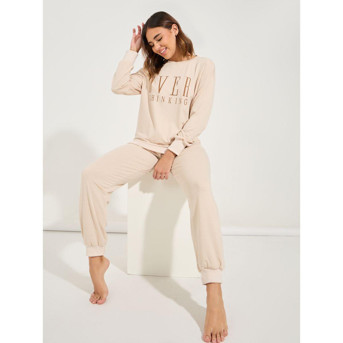 Styli Unwind Overthinking Slogan Print Sweatshirt & Jogger Lounge Set-women-clothing-coordsets-image-1