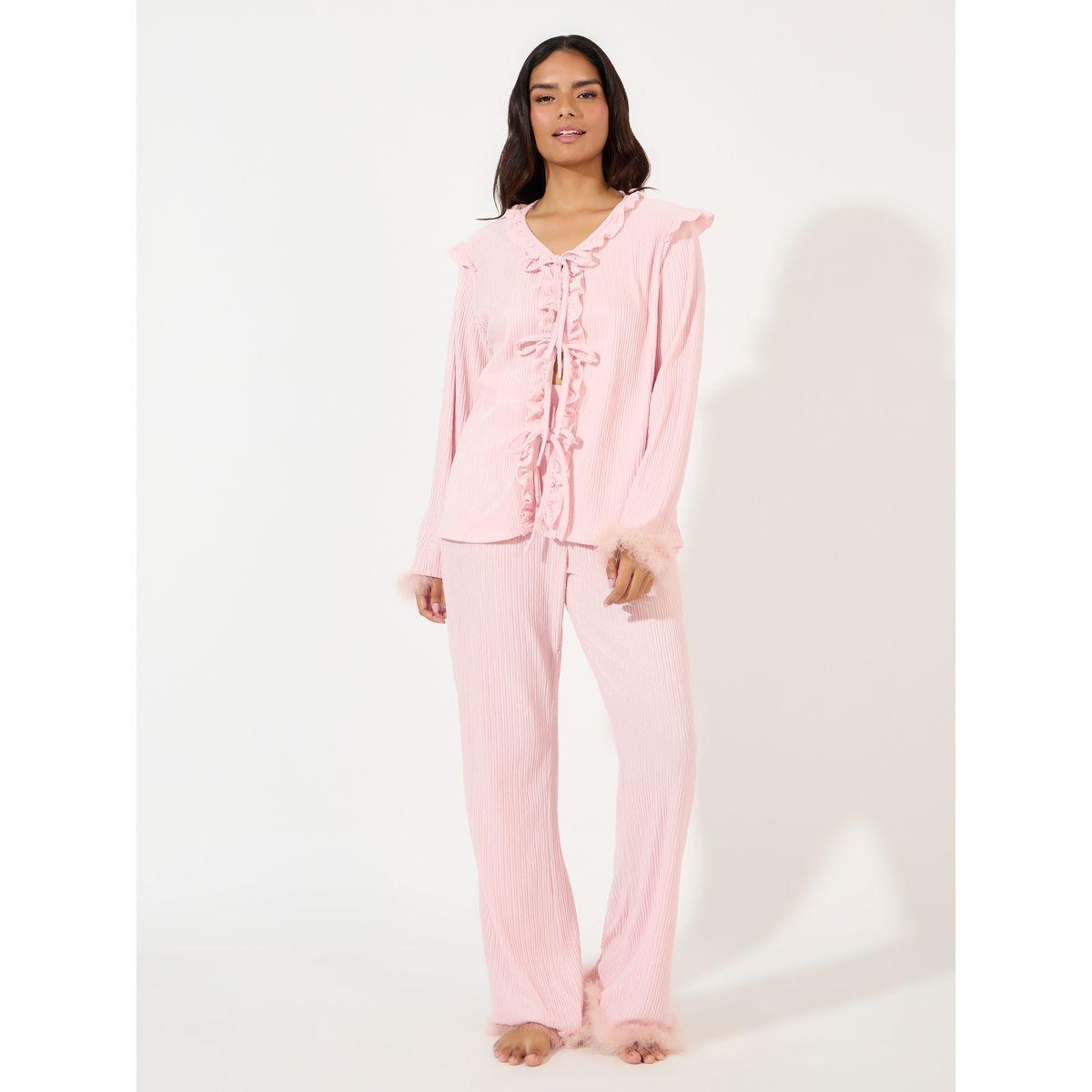 Styli Unwind Tie Front Ruffle Detail Faux Fur Trim Shirt & Pyjama Set-women-clothing-nightwear-pyjamas-longsets-image-2