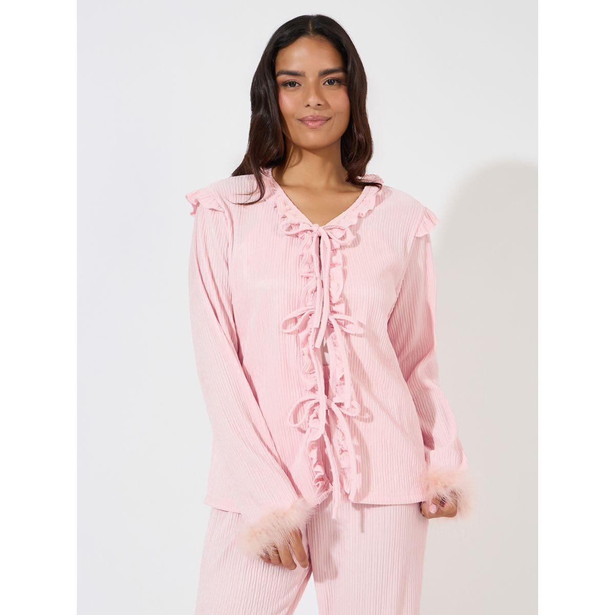 Styli Unwind Tie Front Ruffle Detail Faux Fur Trim Shirt & Pyjama Set-women-clothing-nightwear-pyjamas-longsets-image-3