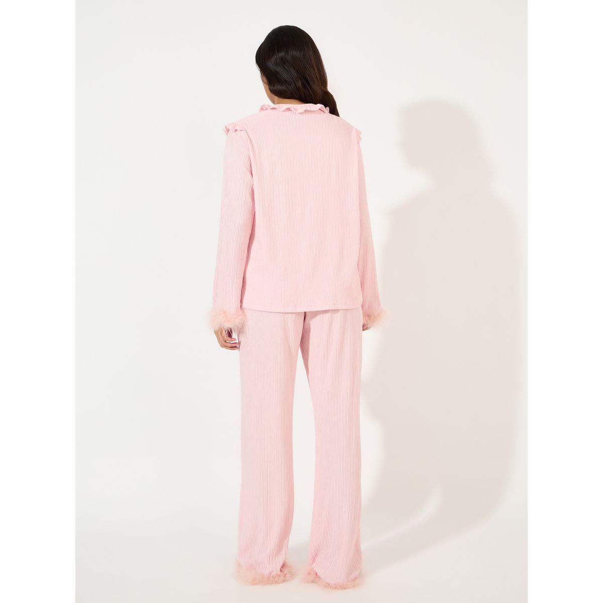 Styli Unwind Tie Front Ruffle Detail Faux Fur Trim Shirt & Pyjama Set-women-clothing-nightwear-pyjamas-longsets-image-5