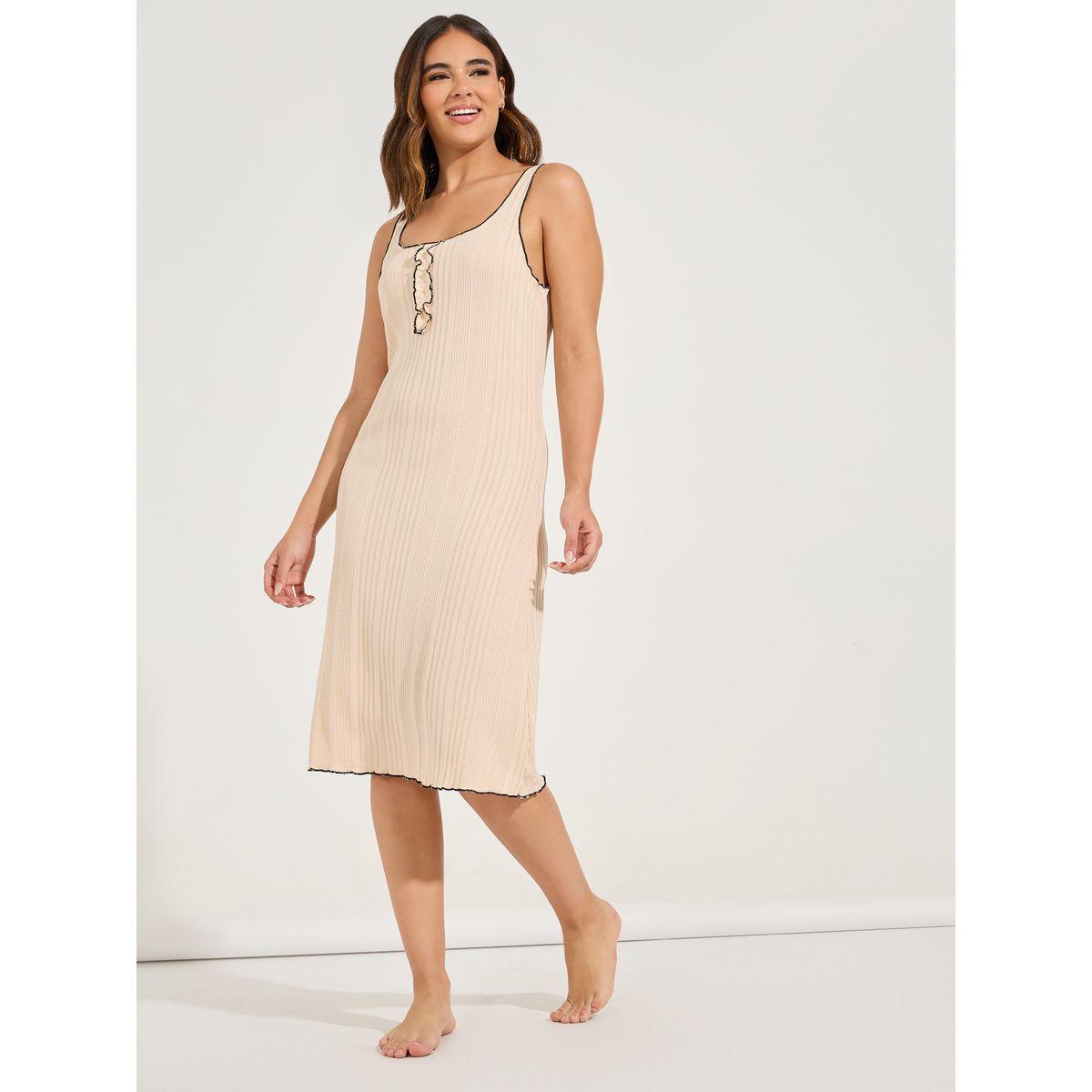 Styli Unwind Rib Knit Lettuce Hem Placket Knee Length Night Dress-women-clothing-nightwear-nighties-image-2