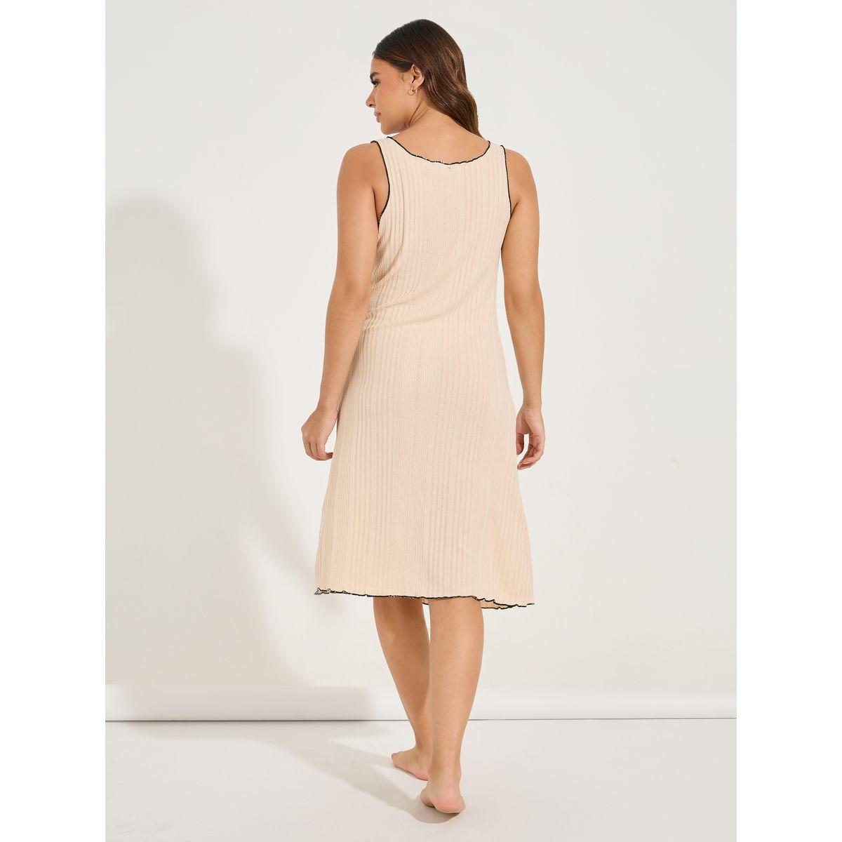 Styli Unwind Rib Knit Lettuce Hem Placket Knee Length Night Dress-women-clothing-nightwear-nighties-image-4