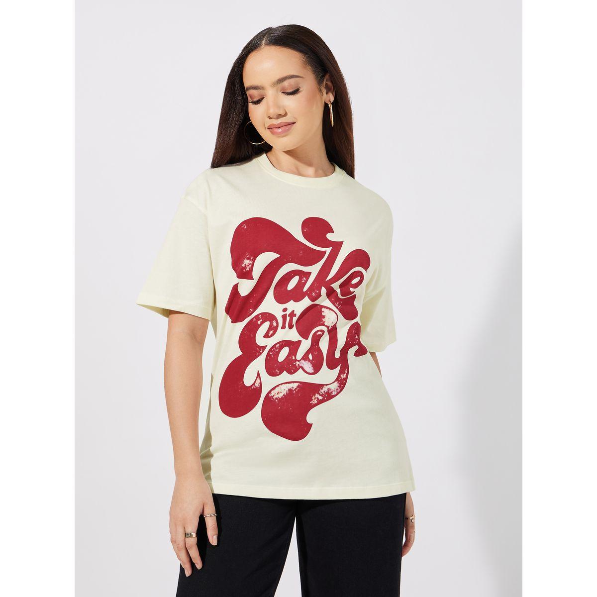 تيشيرت فضفاض مطبع بطبعة كتابة-women-clothing-tshirts-image-1