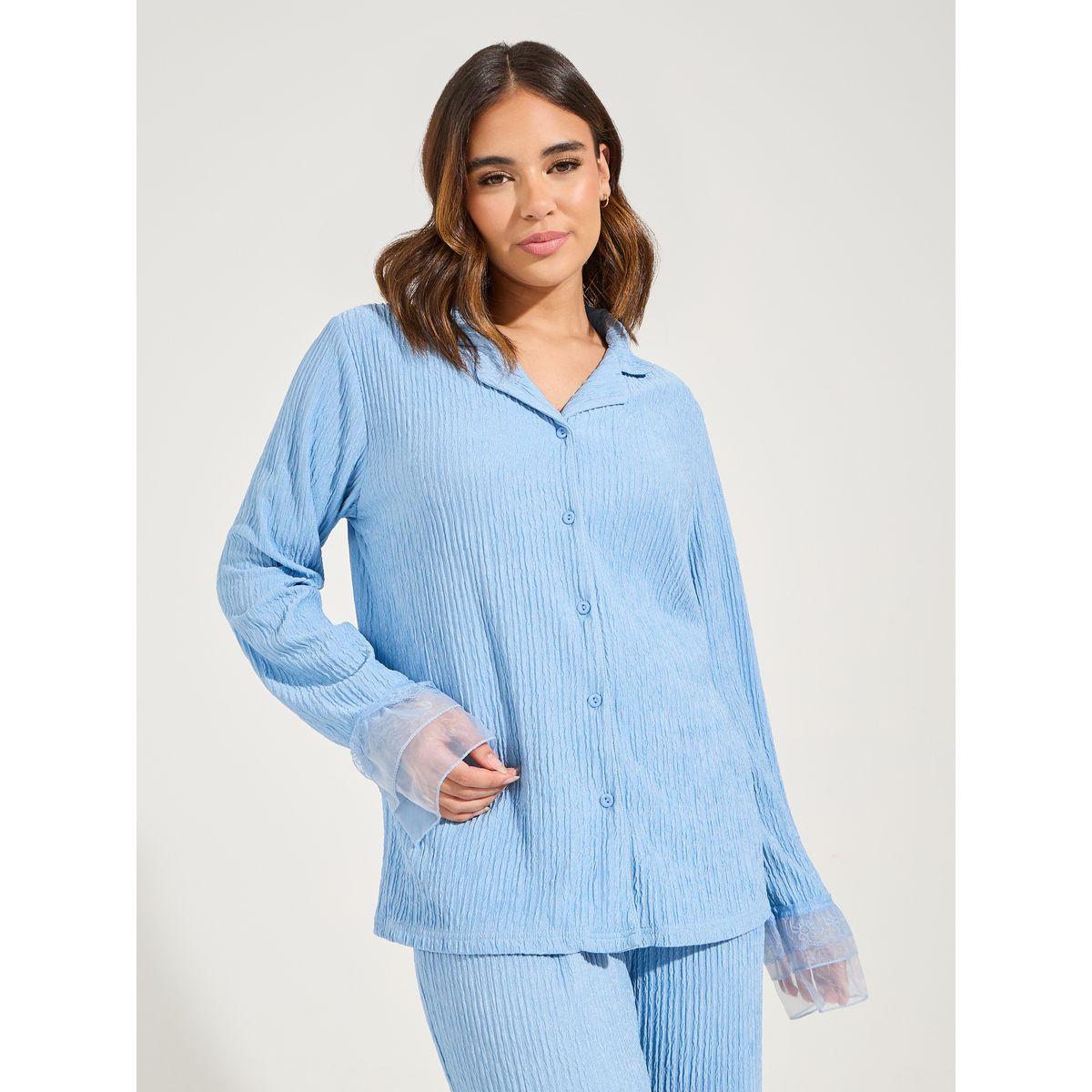 Styli Unwind Lace & Ruffle Sleeve Textured Shirt & Pyjama Set-women-clothing-nightwear-pyjamas-longsets-image-3