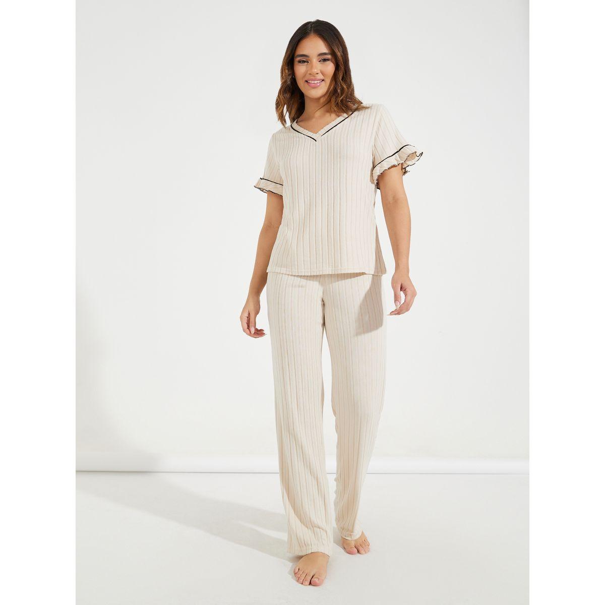 Styli Unwind V Neck Rib Contrast Piping Ruffle Sleeve T-Shirt & Pyjama Set-women-clothing-nightwear-pyjamas-longsets-image-2
