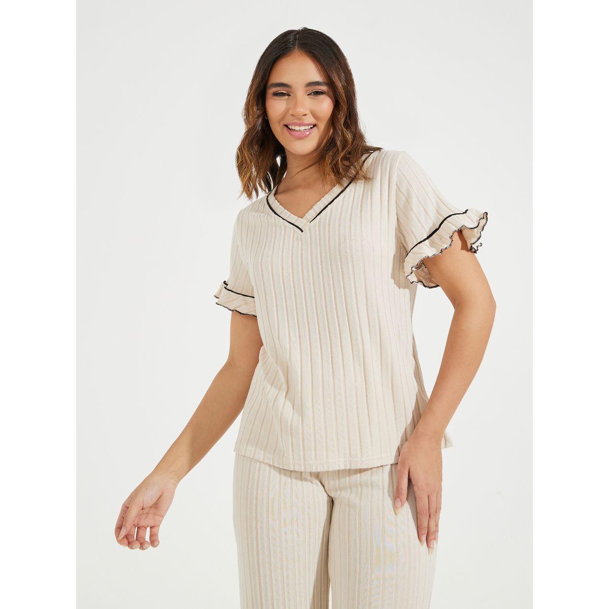 Styli Unwind V Neck Rib Contrast Piping Ruffle Sleeve T-Shirt & Pyjama Set-women-clothing-nightwear-pyjamas-longsets-image-3