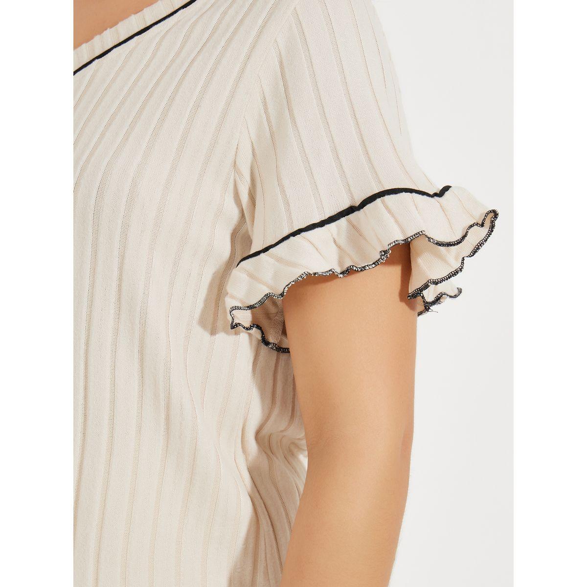 Styli Unwind V Neck Rib Contrast Piping Ruffle Sleeve T-Shirt & Pyjama Set-women-clothing-nightwear-pyjamas-longsets-image-4