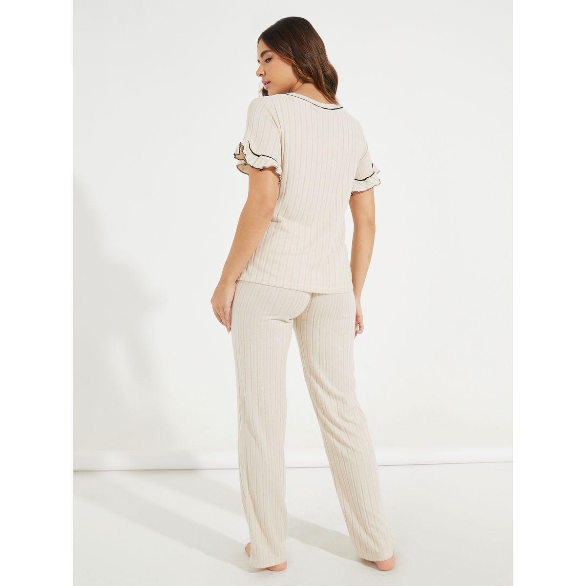 Styli Unwind V Neck Rib Contrast Piping Ruffle Sleeve T-Shirt & Pyjama Set-women-clothing-nightwear-pyjamas-longsets-image-5