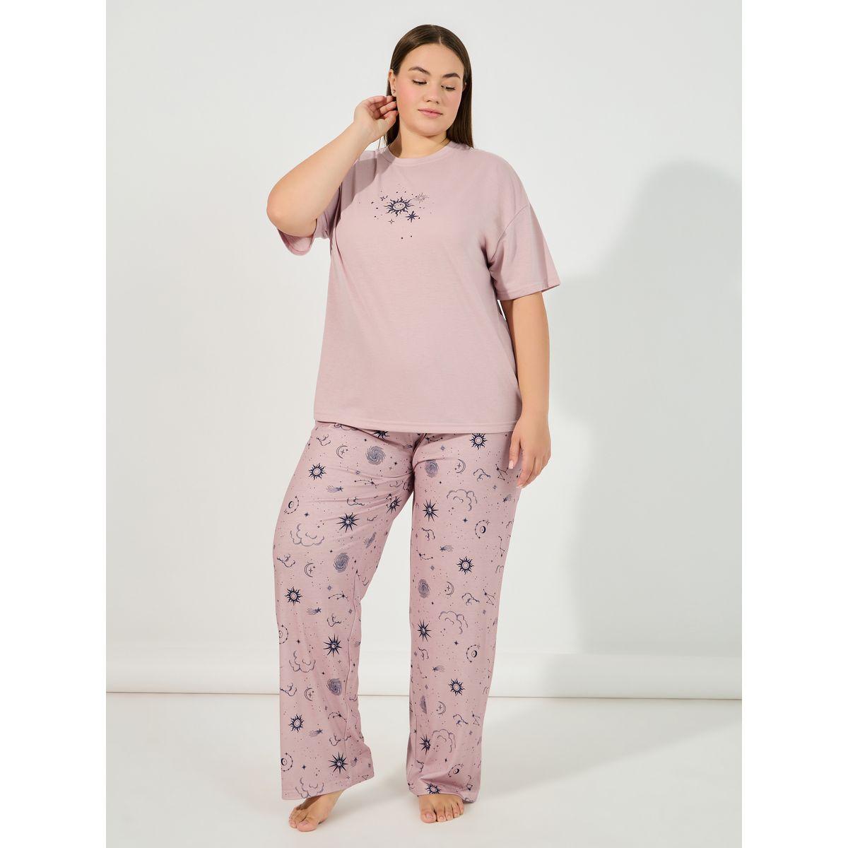 Styli Unwind Plus Size Astrology Print Dropped Shoulder T-Shirt & Pyjama Set-women-clothing-nightwear-pyjamas-longsets-image-1