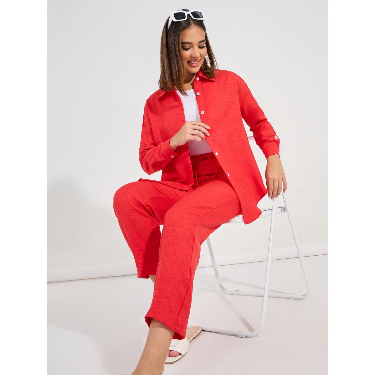 Styli Solid Oversized Shirt & Ankle Length Pants Co-Ords-women-clothing-coordsets-image-1