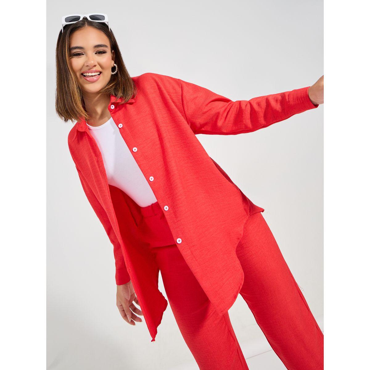 طقم منسق من بنطال مع بلوزة سادة بقصة فضفاضة-women-clothing-coordsets-image-3