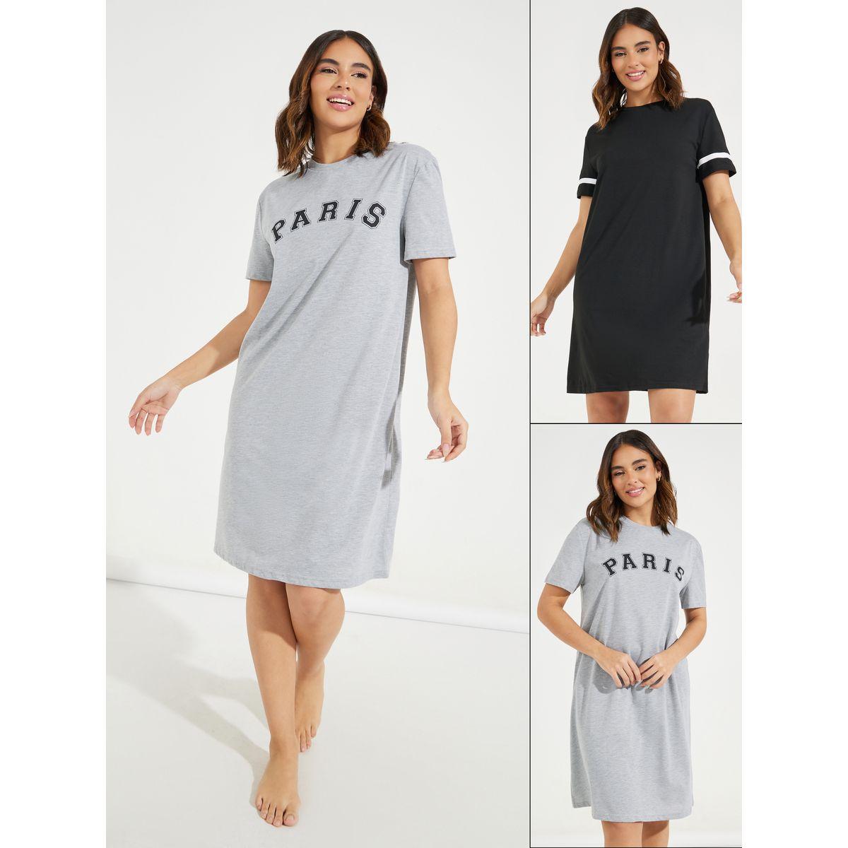 Styli Unwind Pack of 2 - Paris & Striped Panel Print Sleep T-Shirt Dress-women-clothing-nightwear-nighties-image-1