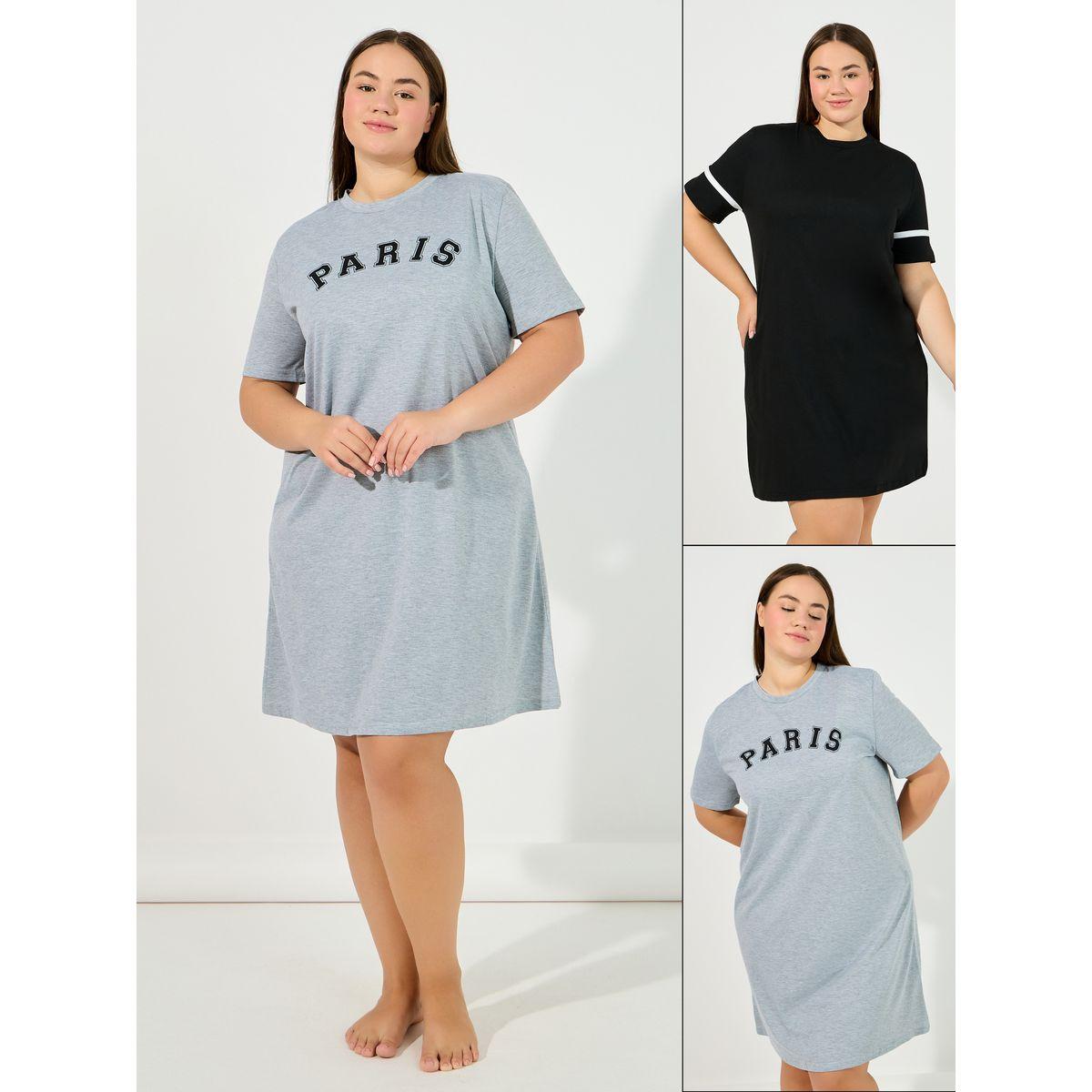 Styli Unwind Pack of 2 - Plus Size Paris & Stripe Print Sleep T-Shirt Dress-women-clothing-nightwear-nighties-image-1