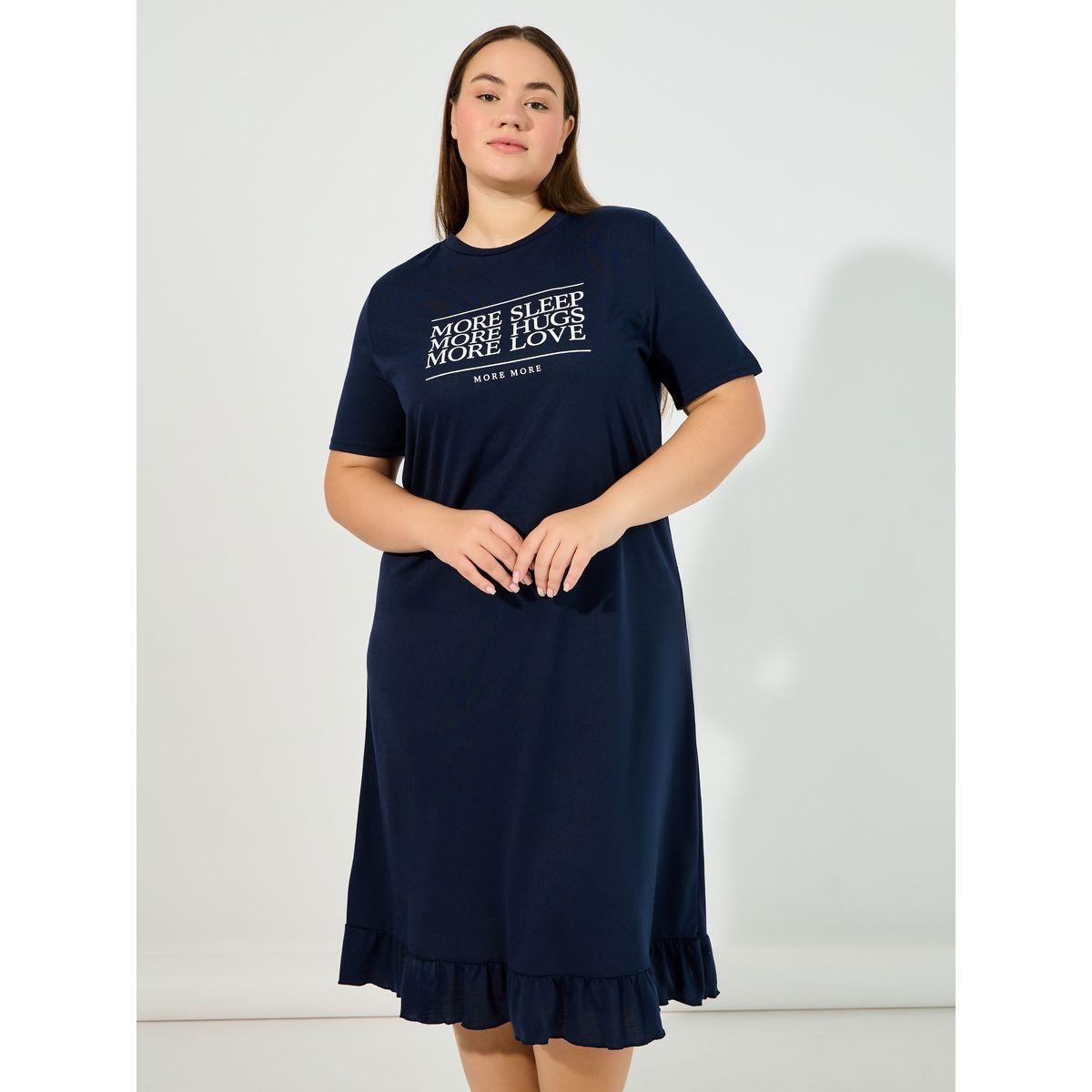 Styli Unwind Plus Size Bonjour Slogan Ruffle Hem Sleep T-Shirt Dress-women-clothing-nightwear-nighties-image-2