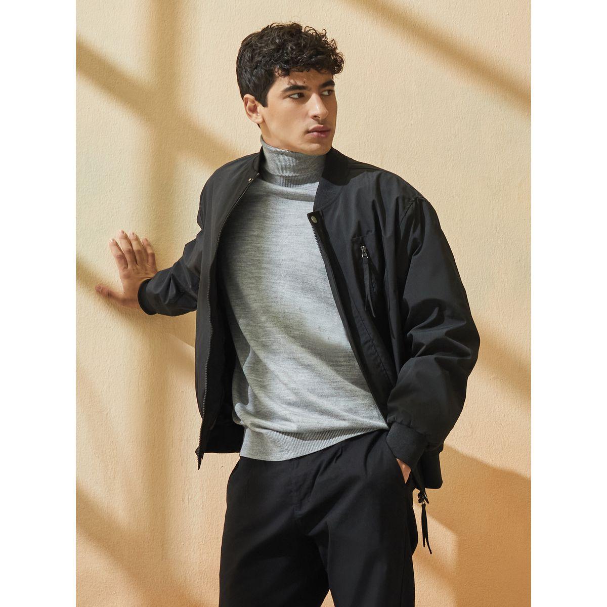 Styli Pocket Zip Detail Lined Solid Bomber Jacket-men-clothing-jacketsandblazers-jackets-image-1