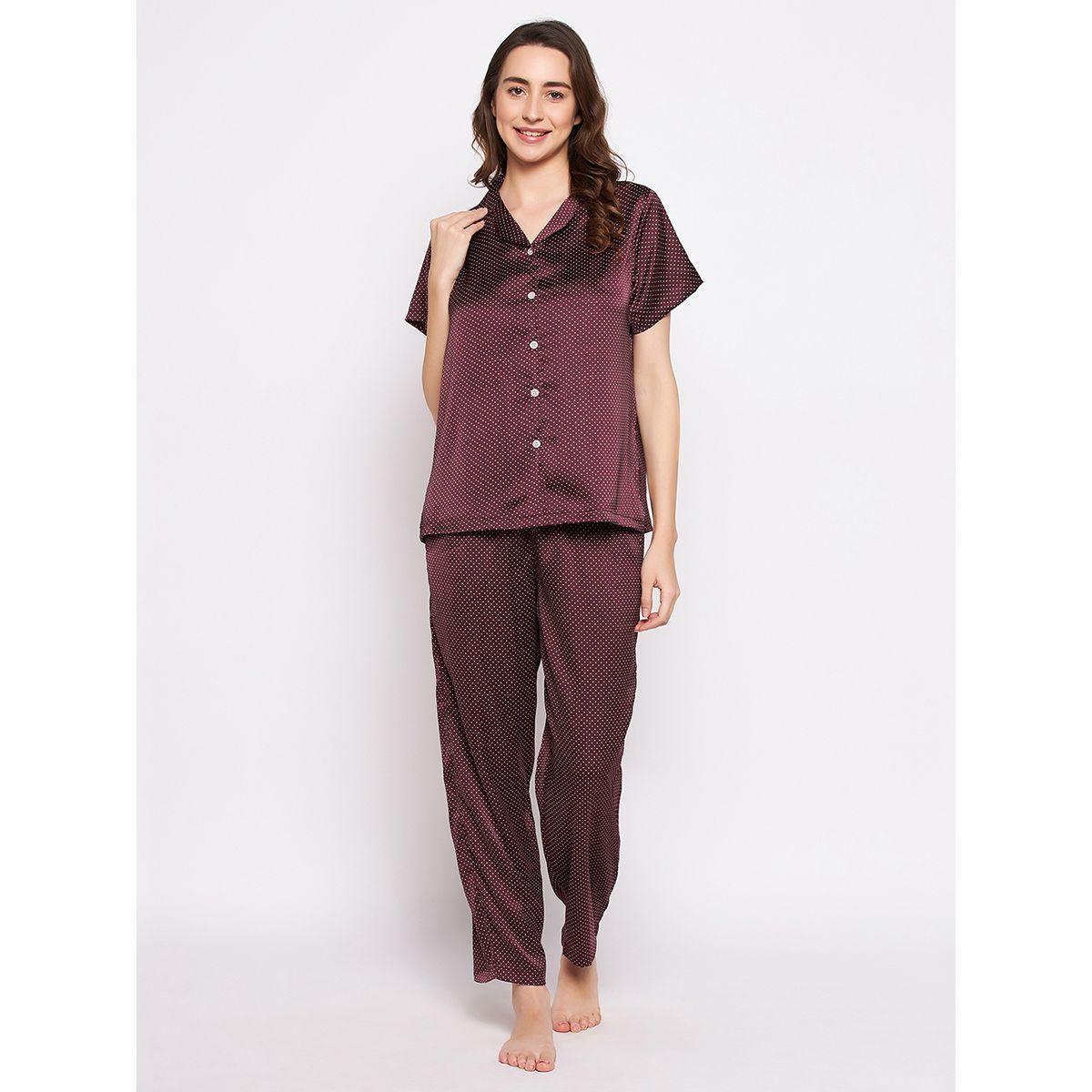 Clovia X Styli  Satin Polka Dot Print Button Down Shirt & Pyjama Set-women-clothing-nightwear-pyjamas-longsets-image-1