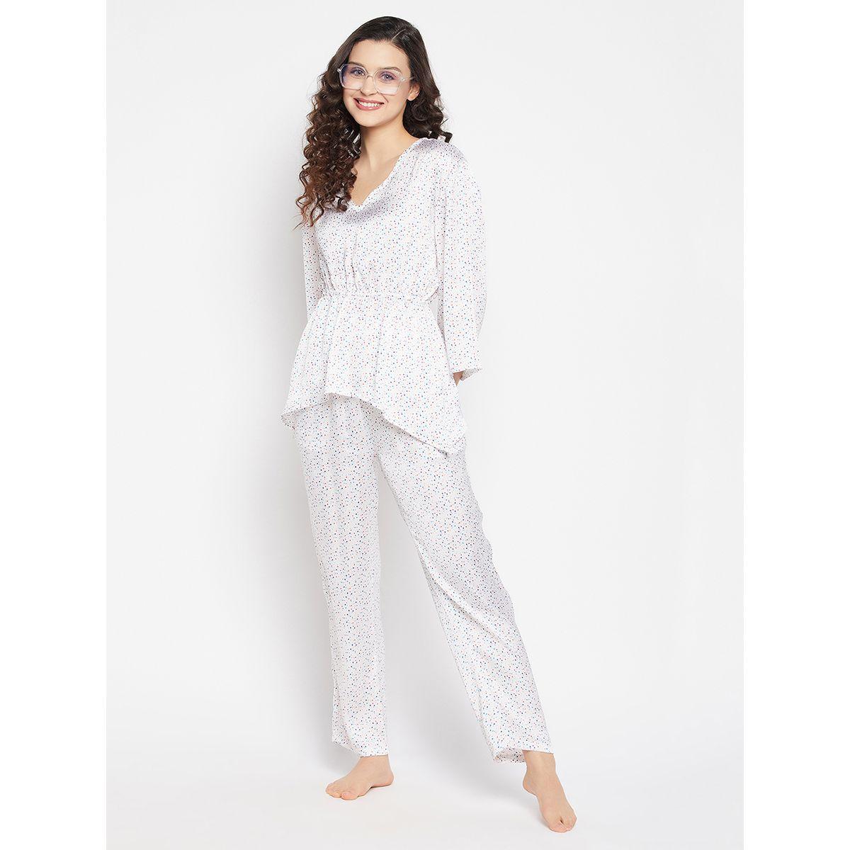 طقم من بنطال بيجاما مع بلوزة بيبلوم ساتان مطبعة بنقاط كلوفيا × ستايلي-women-clothing-nightwear-pyjamas-longsets-image-2