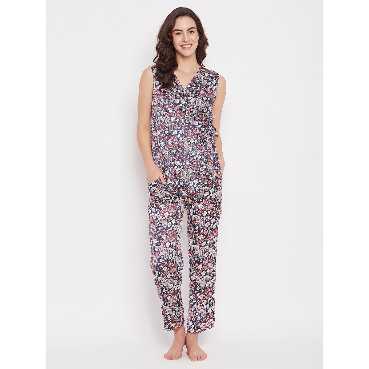 طقم من بنطال بيجاما مع بلوزة ساتان بطبعة بيزلي كلوفيا × ستايلي-women-clothing-nightwear-pyjamas-longsets-image-1