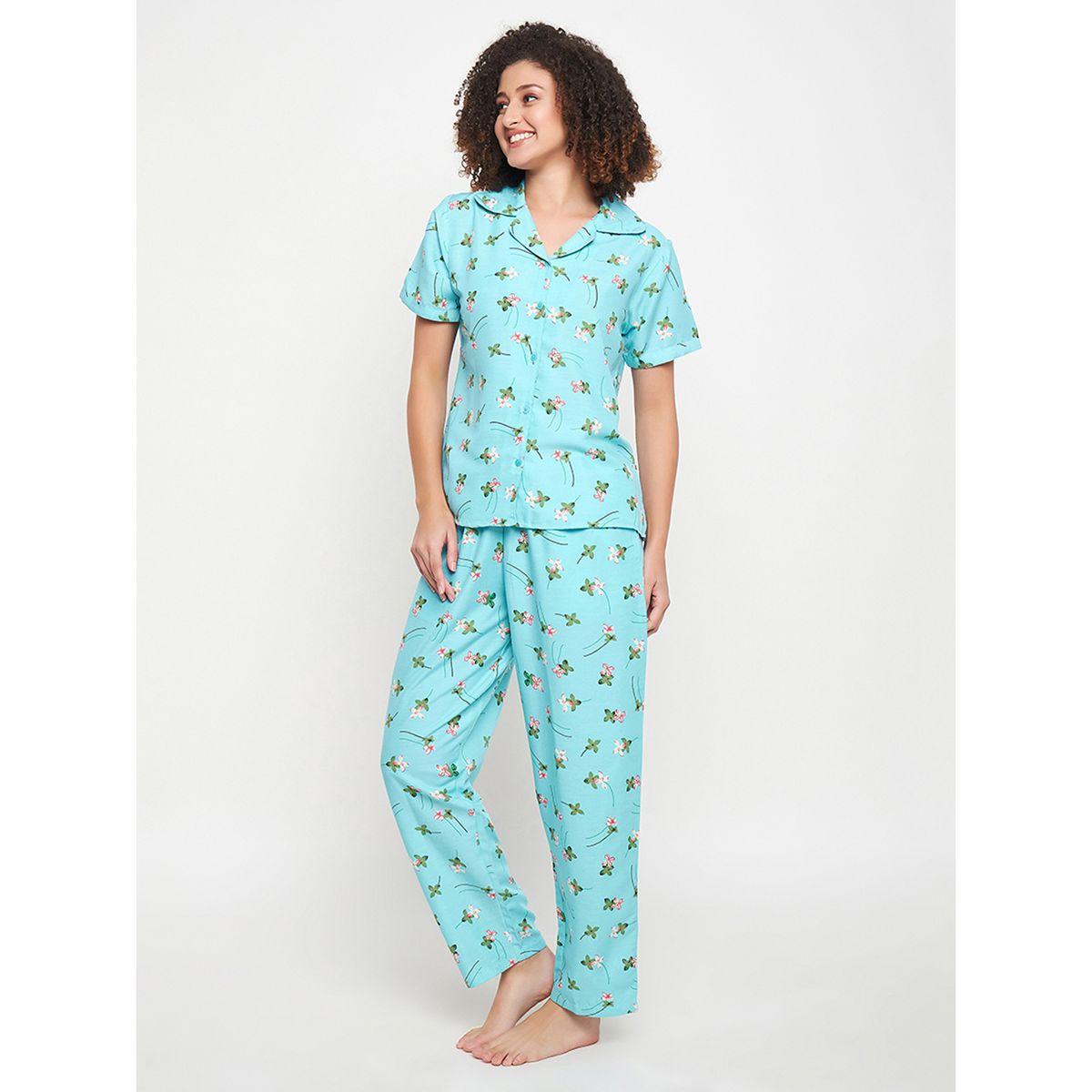 طقم من بنطال بيجاما مع بلوزة بطبعة زهور وازرار كلوفيا × ستايلي-women-clothing-nightwear-pyjamas-longsets-image-2