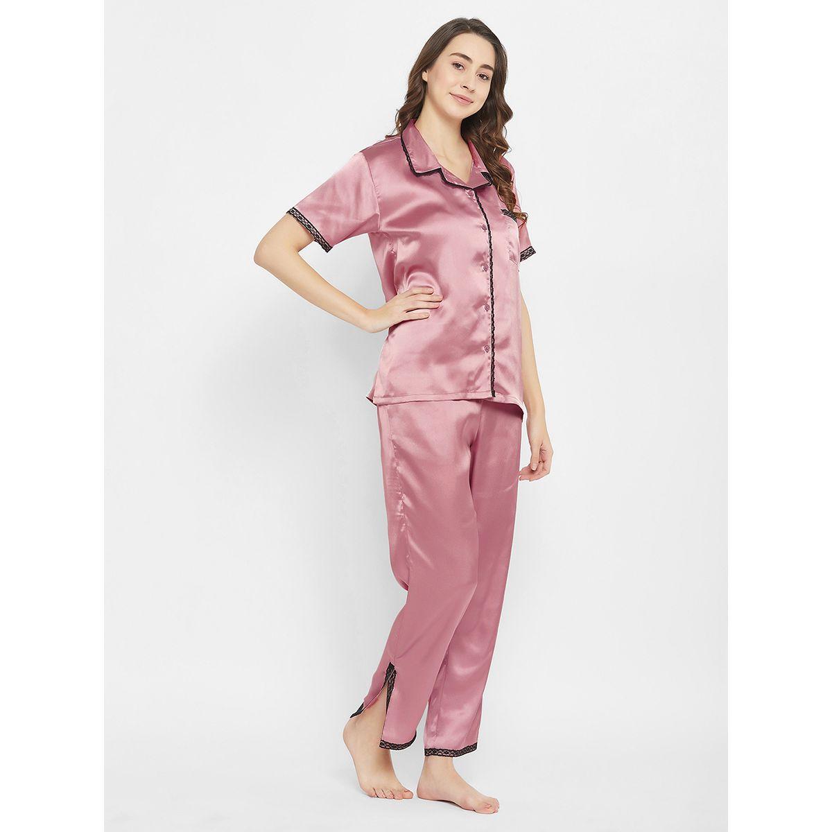 طقم من بنطال بيجاما مع بلوزة ساتان بازرار غلق كلوفيا × ستايلي-women-clothing-nightwear-pyjamas-longsets-image-3