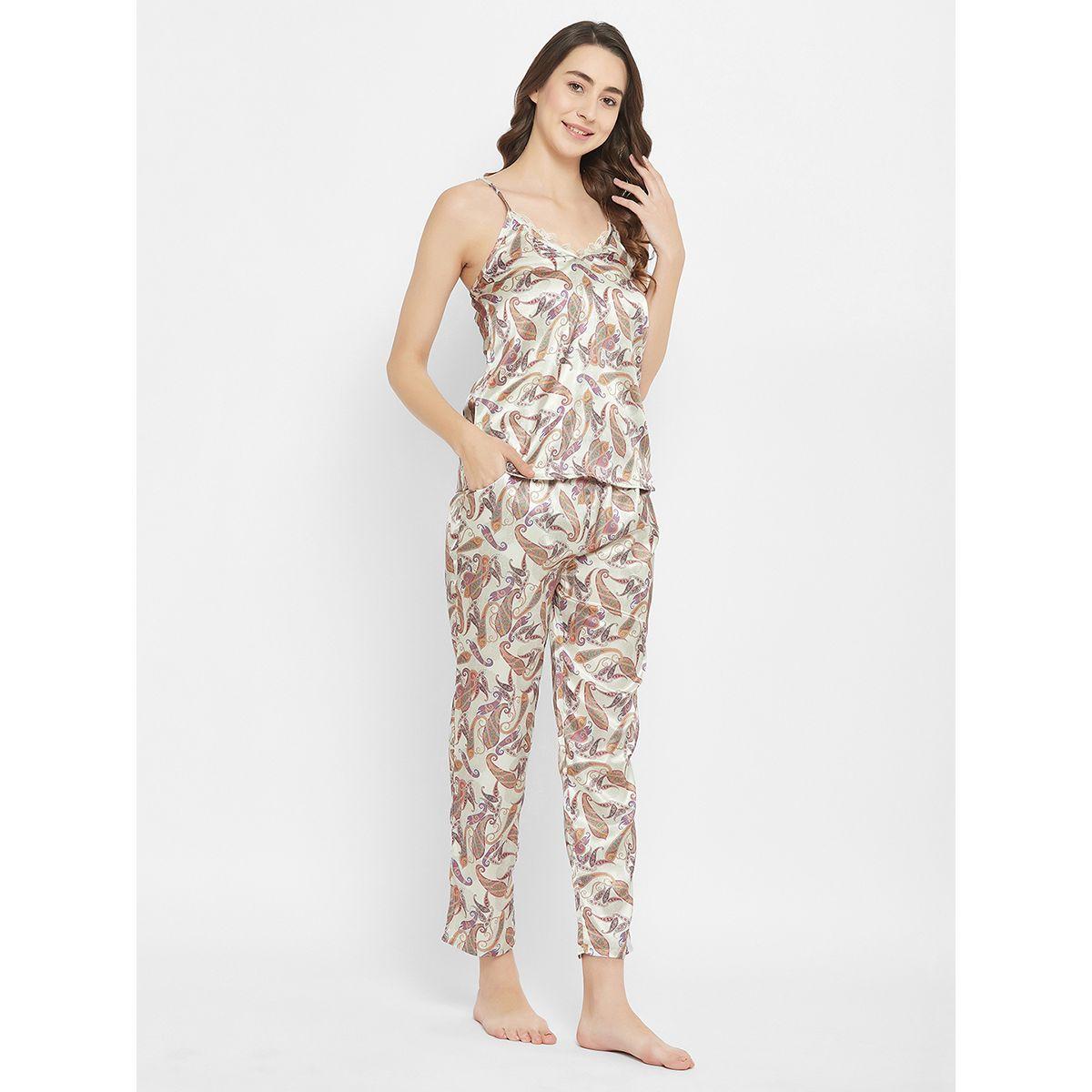 طقم من بنطال بيجاما مع بلوزة كامي ساتان بطبعة بيزلي كلوفيا × ستايلي-women-clothing-nightwear-pyjamas-longsets-image-3