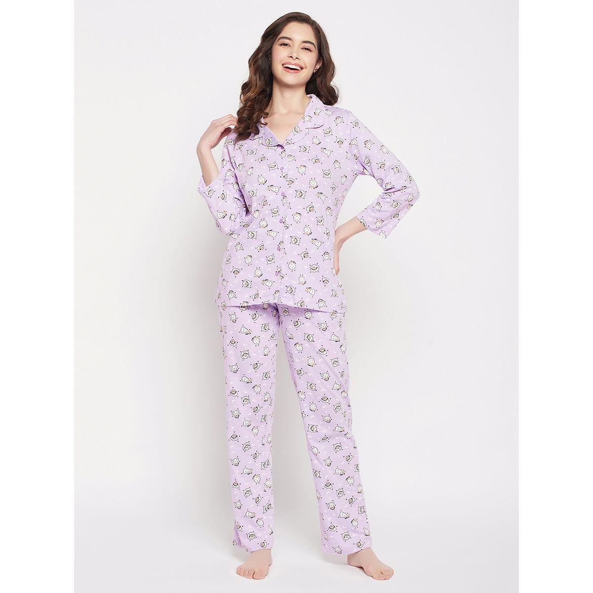 طقم من بنطال بيجاما مع بلوزة قطن بازرار غلق كلوفيا × ستايلي-women-clothing-nightwear-pyjamas-longsets-image-1