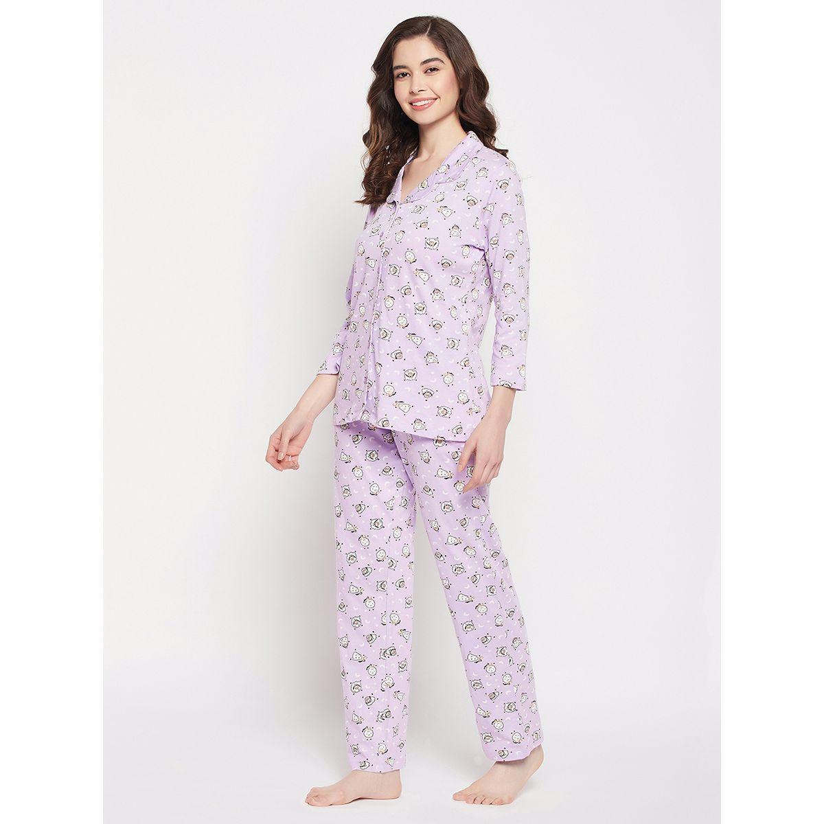 طقم من بنطال بيجاما مع بلوزة قطن بازرار غلق كلوفيا × ستايلي-women-clothing-nightwear-pyjamas-longsets-image-2