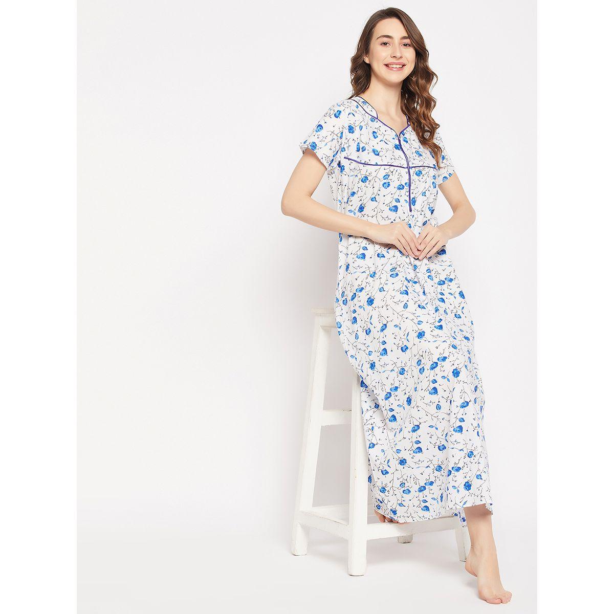 قميص نوم قطن مطبع بزهور مع تفاصيل محزوزة كلوفيا × ستايلي-women-clothing-nightwear-nighties-image-1