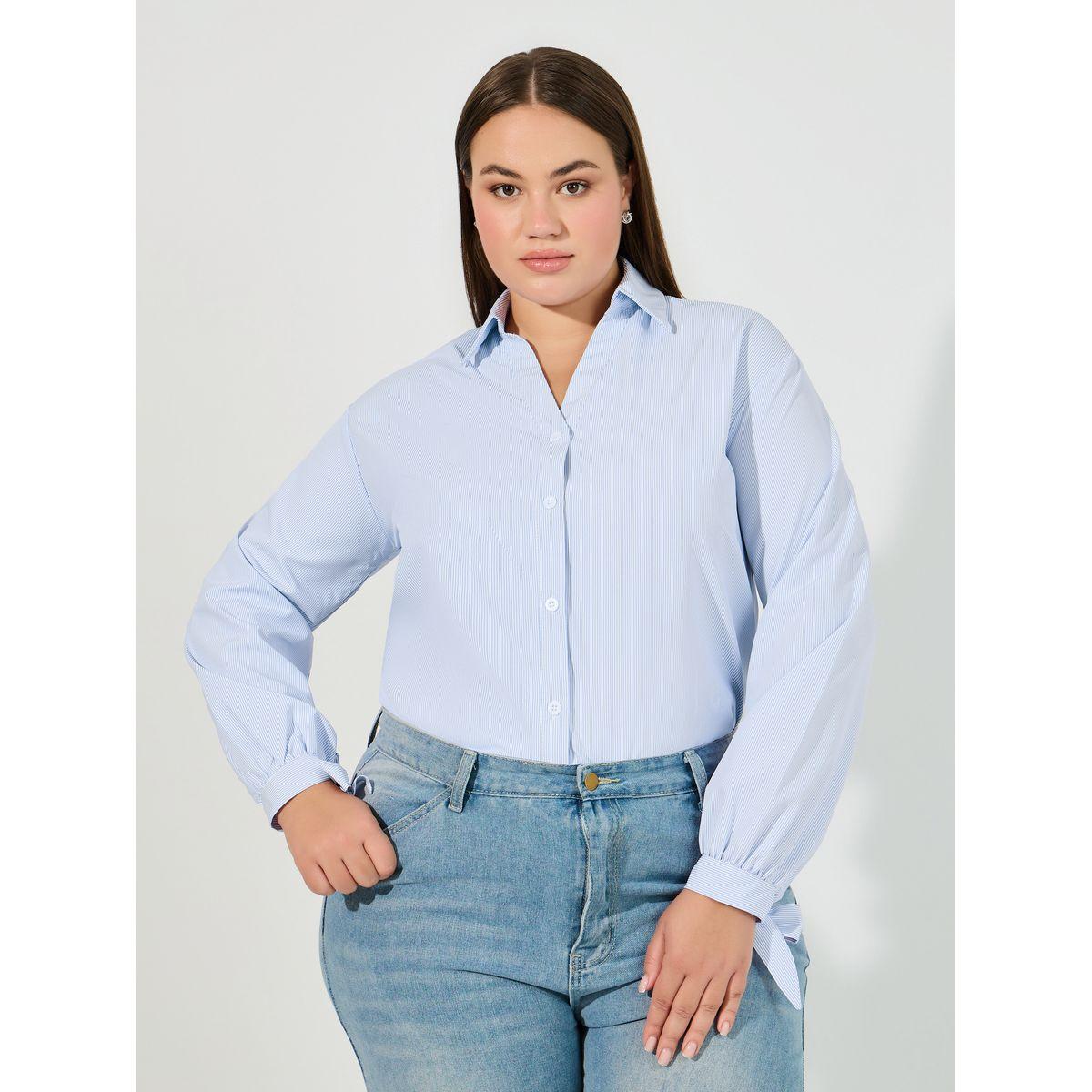 بلوزة بمقاس كبير وقصة مريحة وأكمام بأربطة-women-clothing-shirtsandblouses-shirts-image-1