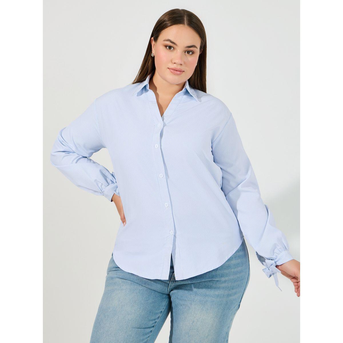بلوزة بمقاس كبير وقصة مريحة وأكمام بأربطة-women-clothing-shirtsandblouses-shirts-image-3