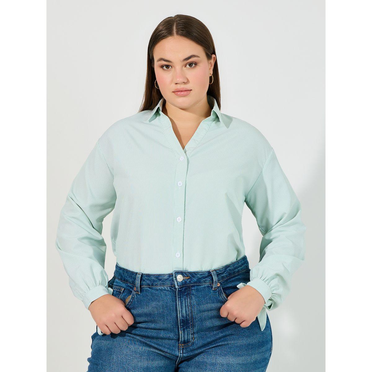 Styli Plus Size Striped Relaxed Fit Shirt with Tie-Cuff Sleeves-women-clothing-shirtsandblouses-shirts-image-1