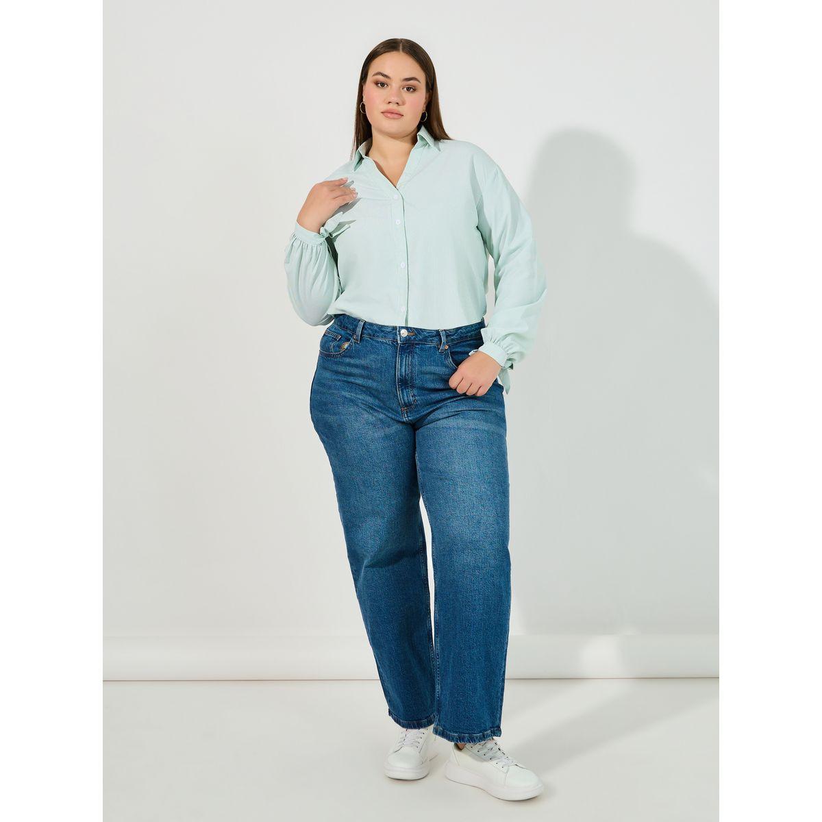 Styli Plus Size Striped Relaxed Fit Shirt with Tie-Cuff Sleeves-women-clothing-shirtsandblouses-shirts-image-2