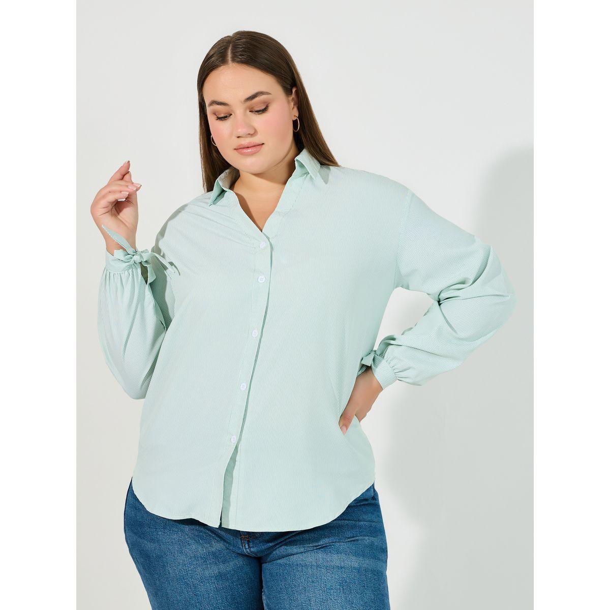 Styli Plus Size Striped Relaxed Fit Shirt with Tie-Cuff Sleeves-women-clothing-shirtsandblouses-shirts-image-3