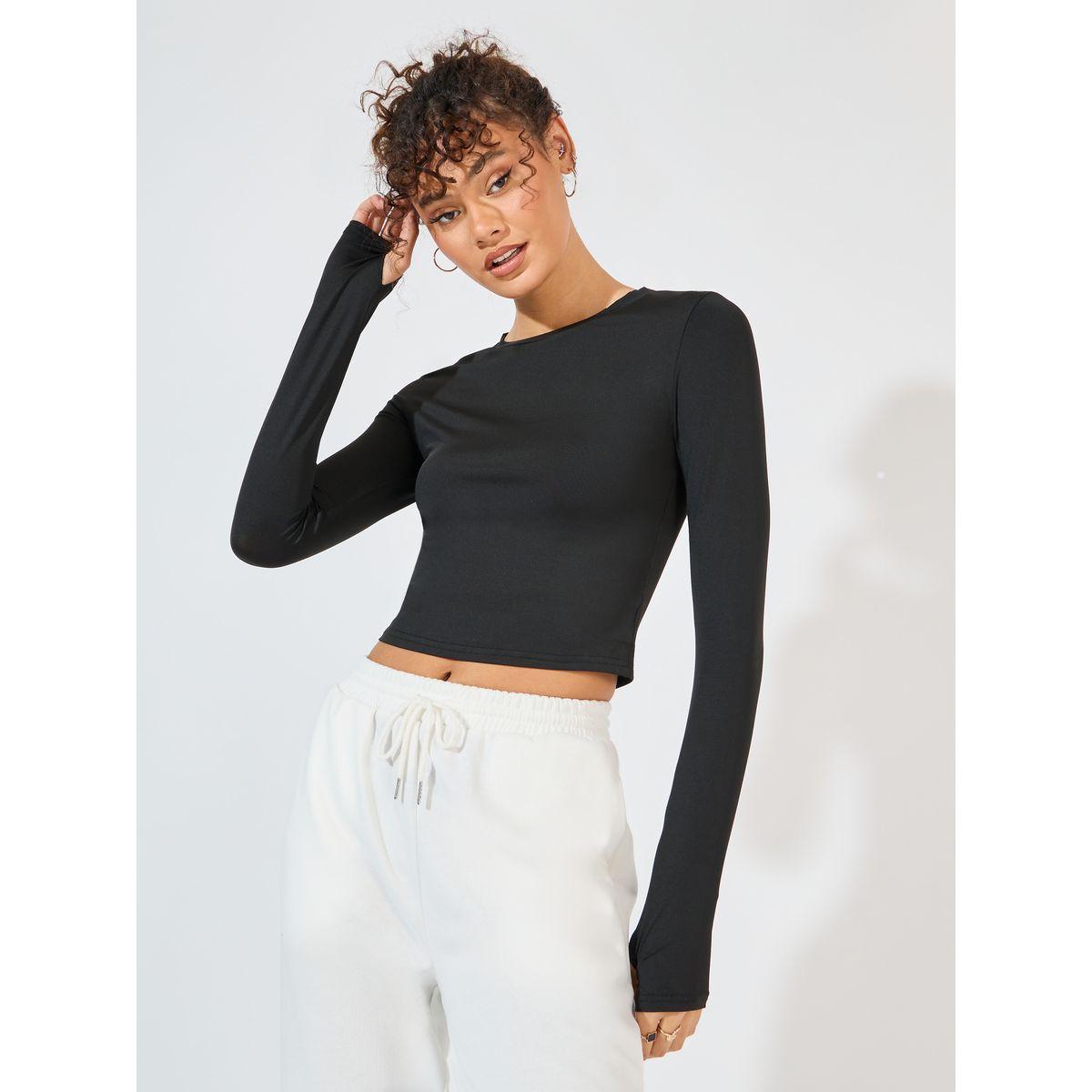 تيشيرت مُجسم بياقة دائرية وأكمام بفتحة ابهام-women-clothing-tshirts-image-1