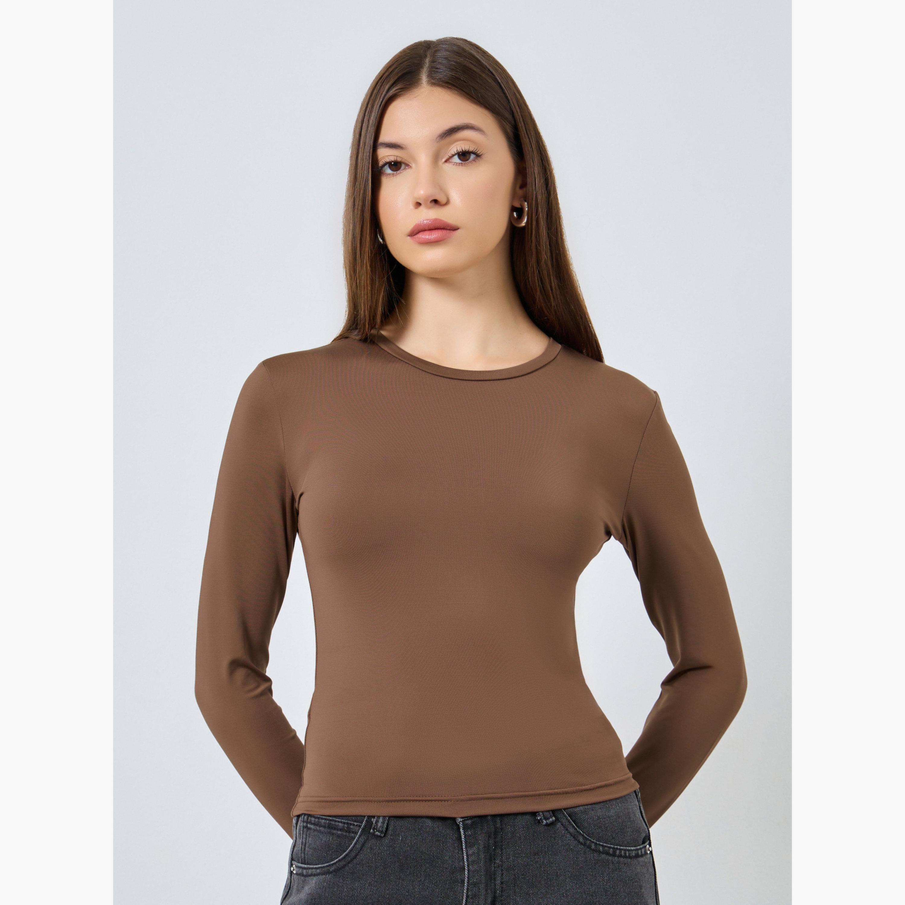 ستايلي - تي شيرت ملائم برقبة دائرية وأكمام بفتحة للإبهام للنساء-women-clothing-tshirts-image-1