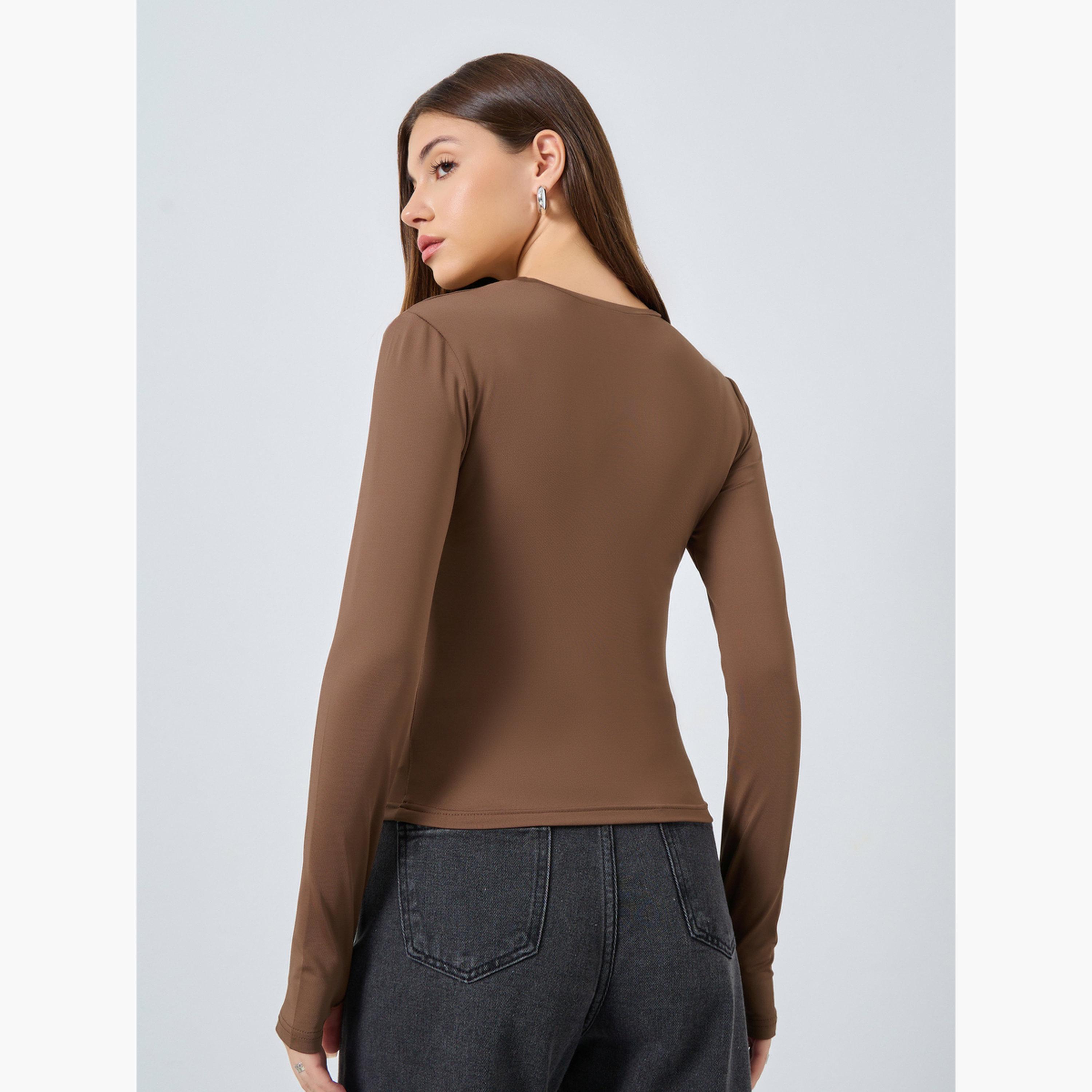 ستايلي - تي شيرت ملائم برقبة دائرية وأكمام بفتحة للإبهام للنساء-women-clothing-tshirts-image-5