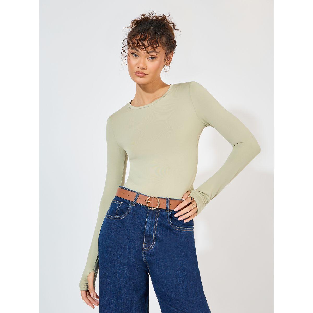 تيشيرت مُجسم بياقة دائرية وأكمام بفتحة ابهام-women-clothing-tshirts-image-1
