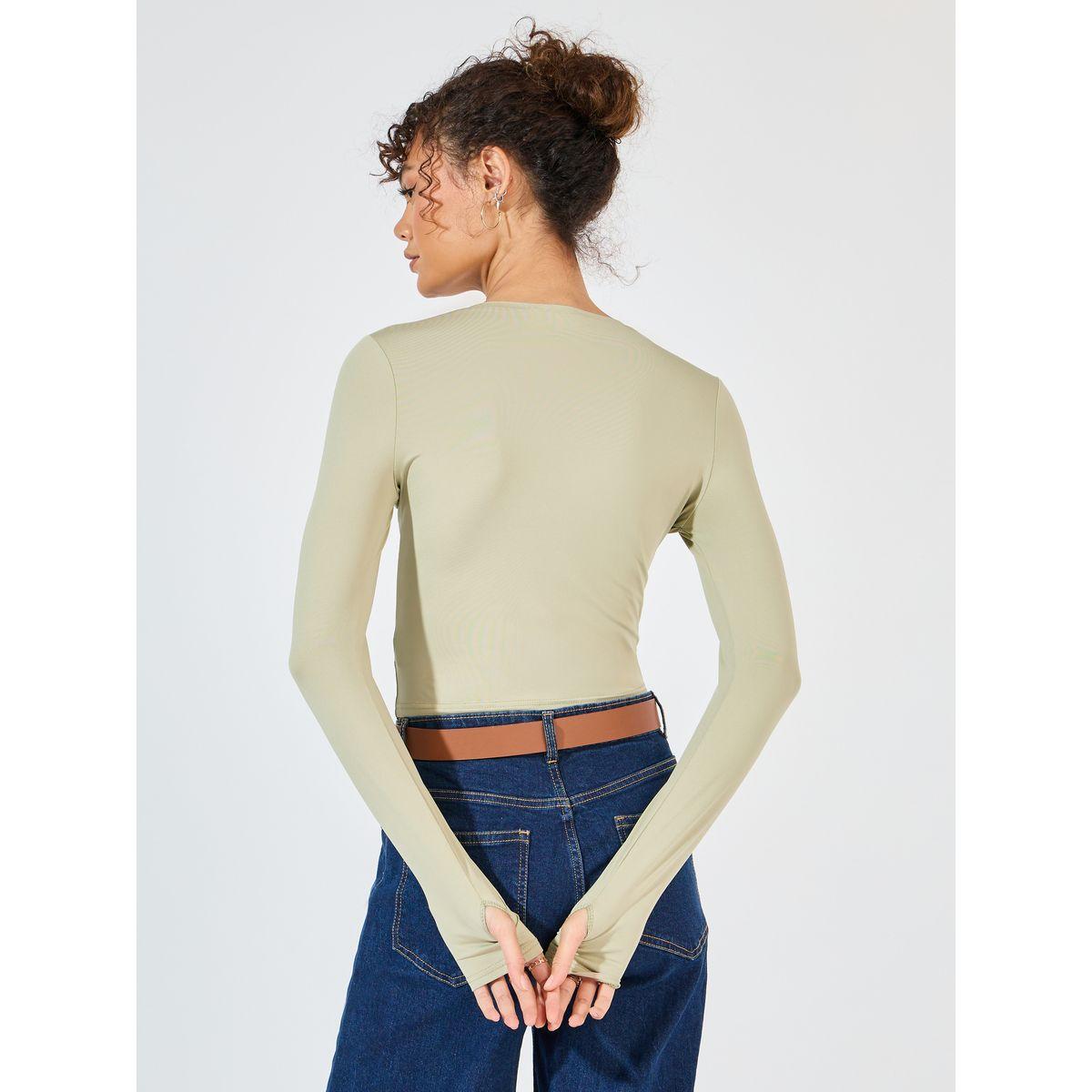 Styli Fitted Round Neck T-Shirt with Thumbhole Sleeves-women-clothing-tshirts-image-5