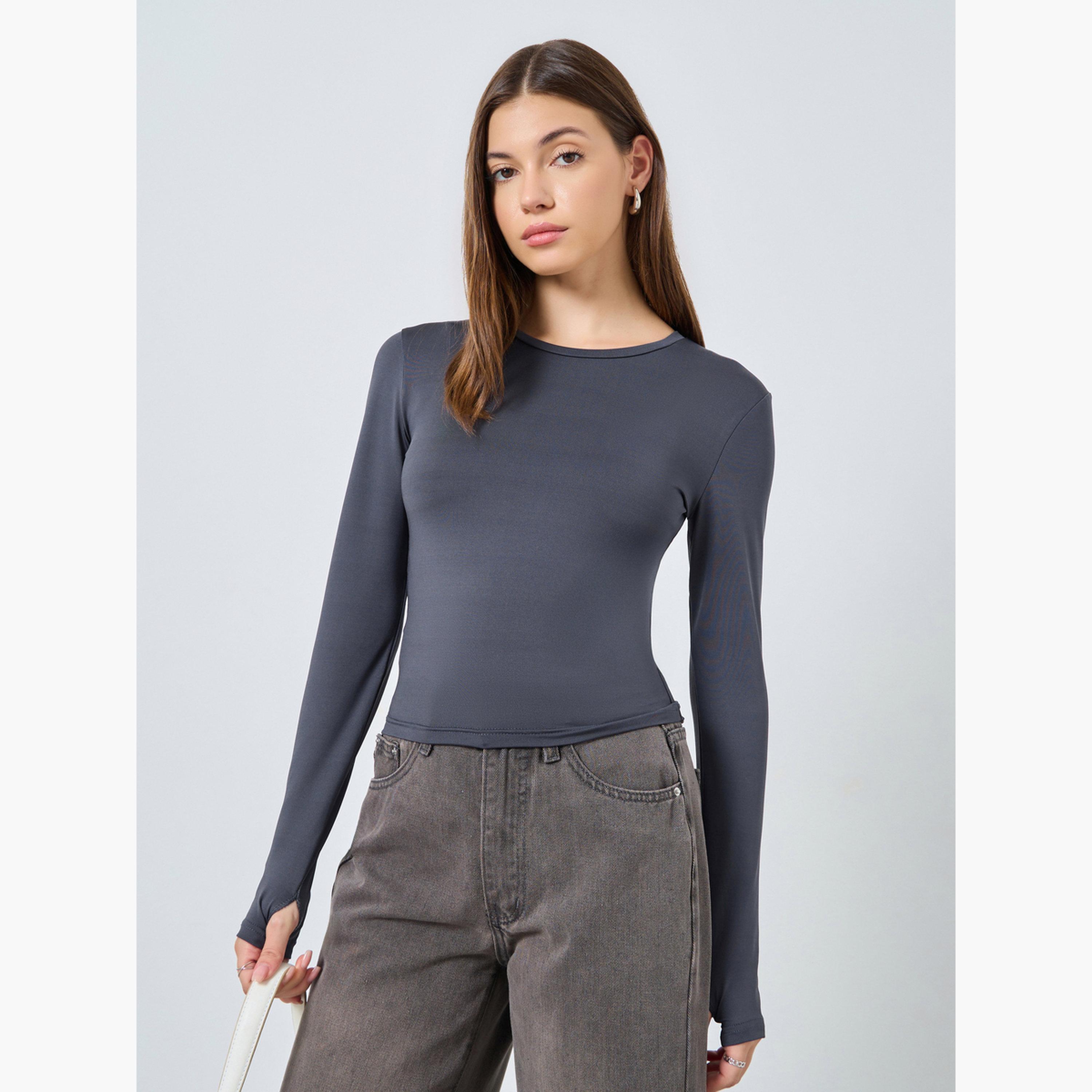 Styli Women Fitted Round Neck T-Shirt with Thumbhole Sleeves-women-clothing-tshirts-image-1