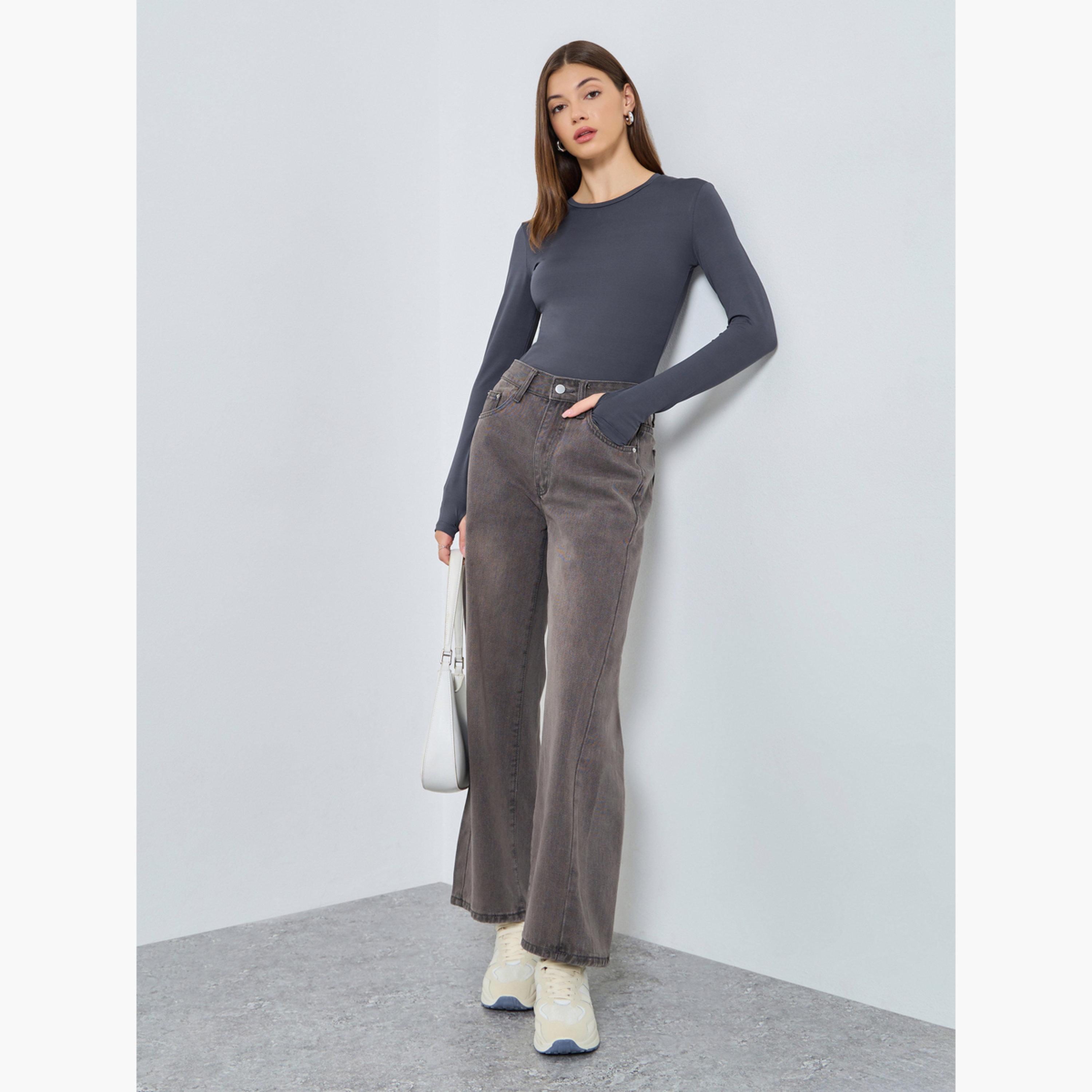 Styli Women Fitted Round Neck T-Shirt with Thumbhole Sleeves-women-clothing-tshirts-image-2
