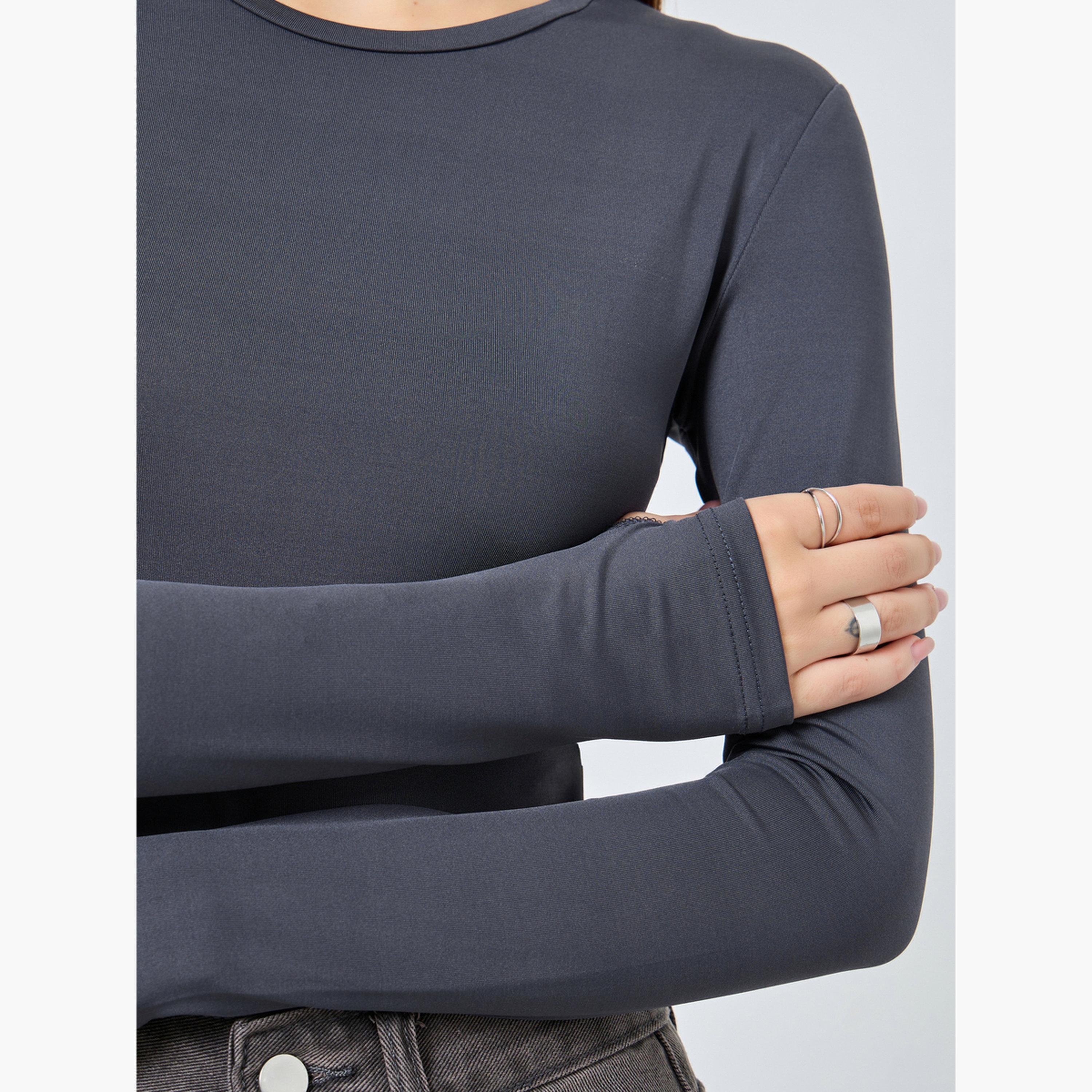 ستايلي - تي شيرت ملائم برقبة دائرية وأكمام بفتحة للإبهام للنساء-women-clothing-tshirts-image-4