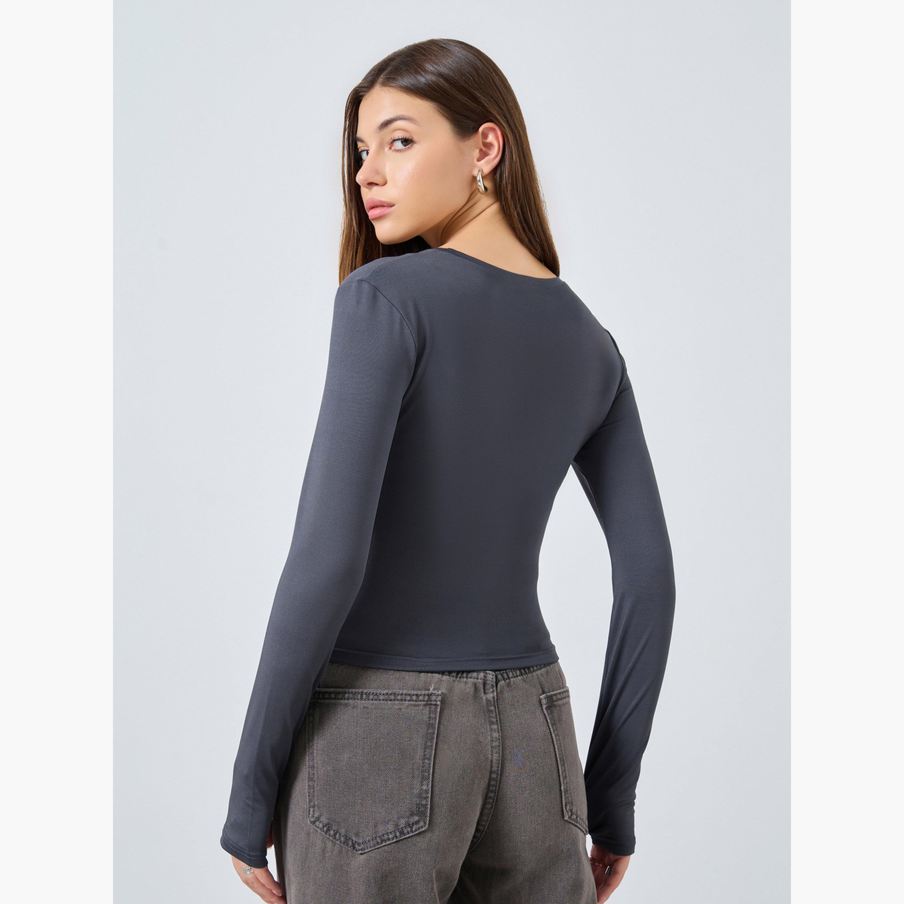 Styli Women Fitted Round Neck T-Shirt with Thumbhole Sleeves-women-clothing-tshirts-image-5